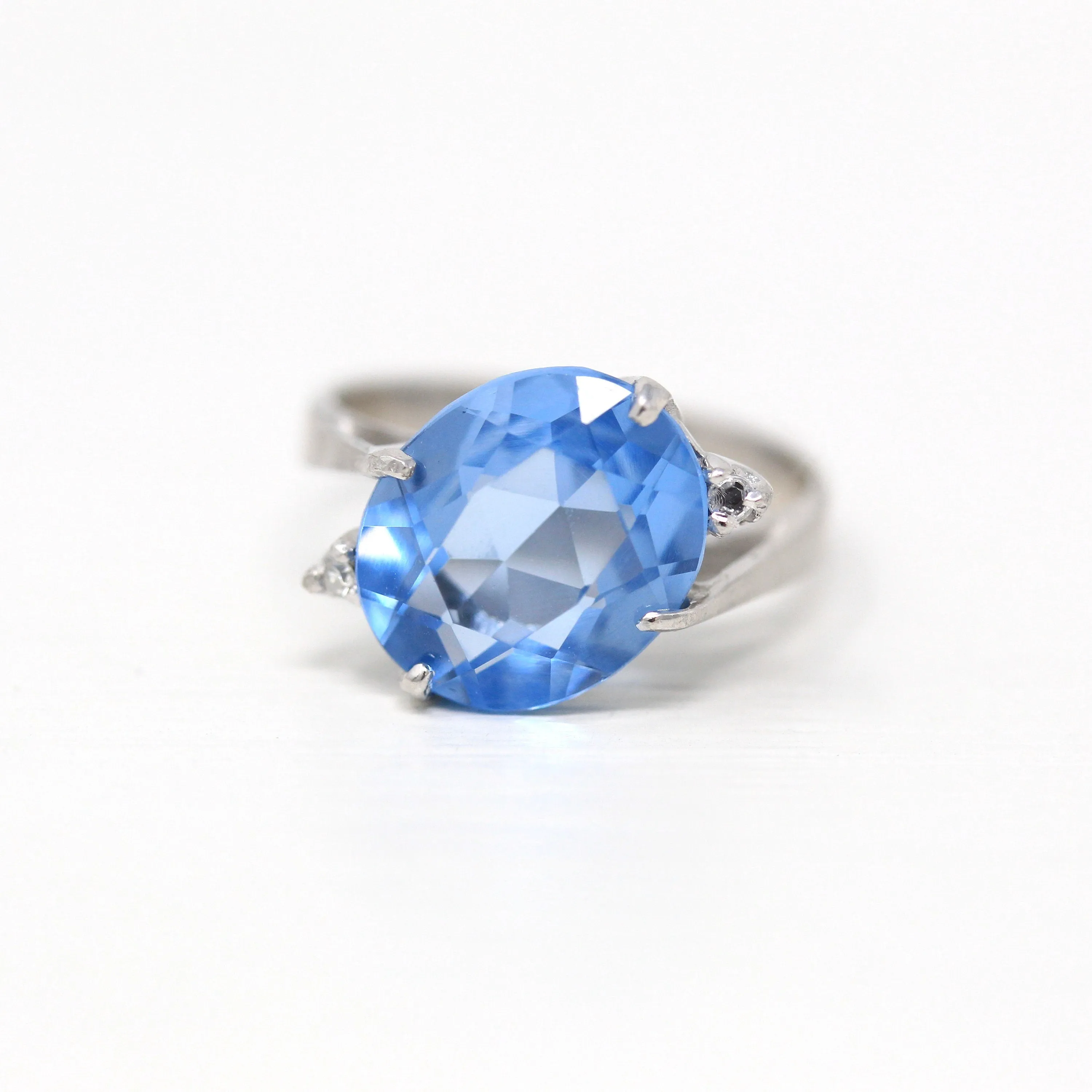 Sale - Created Spinel Ring - Retro 10k White Gold Oval Faceted 4.83 CT Blue Stone - Vintage Circa 1960s Era Size 5 1/2 Statement 60s Jewelry