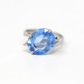 Sale - Created Spinel Ring - Retro 10k White Gold Oval Faceted 4.83 CT Blue Stone - Vintage Circa 1960s Era Size 5 1/2 Statement 60s Jewelry