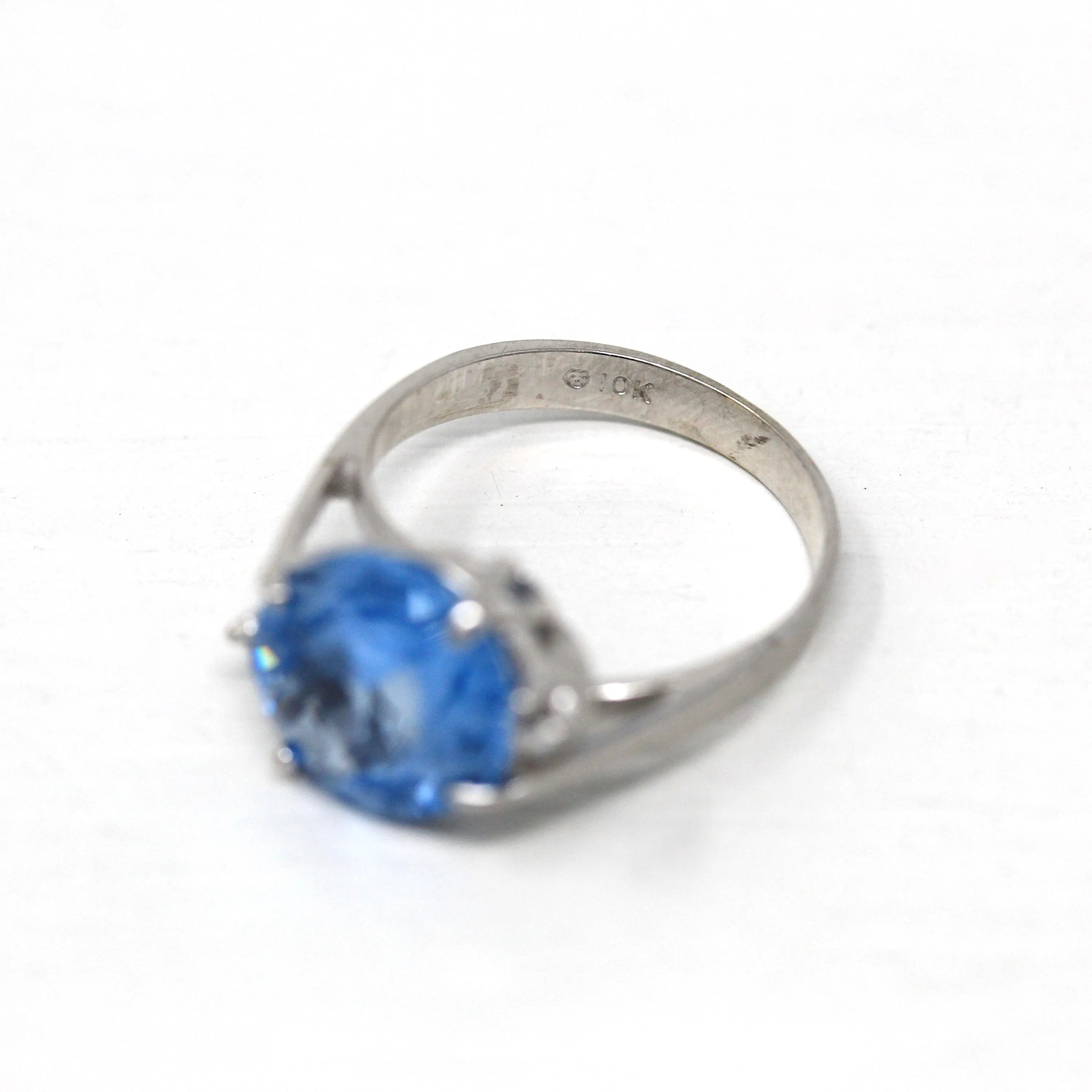 Sale - Created Spinel Ring - Retro 10k White Gold Oval Faceted 4.83 CT Blue Stone - Vintage Circa 1960s Era Size 5 1/2 Statement 60s Jewelry