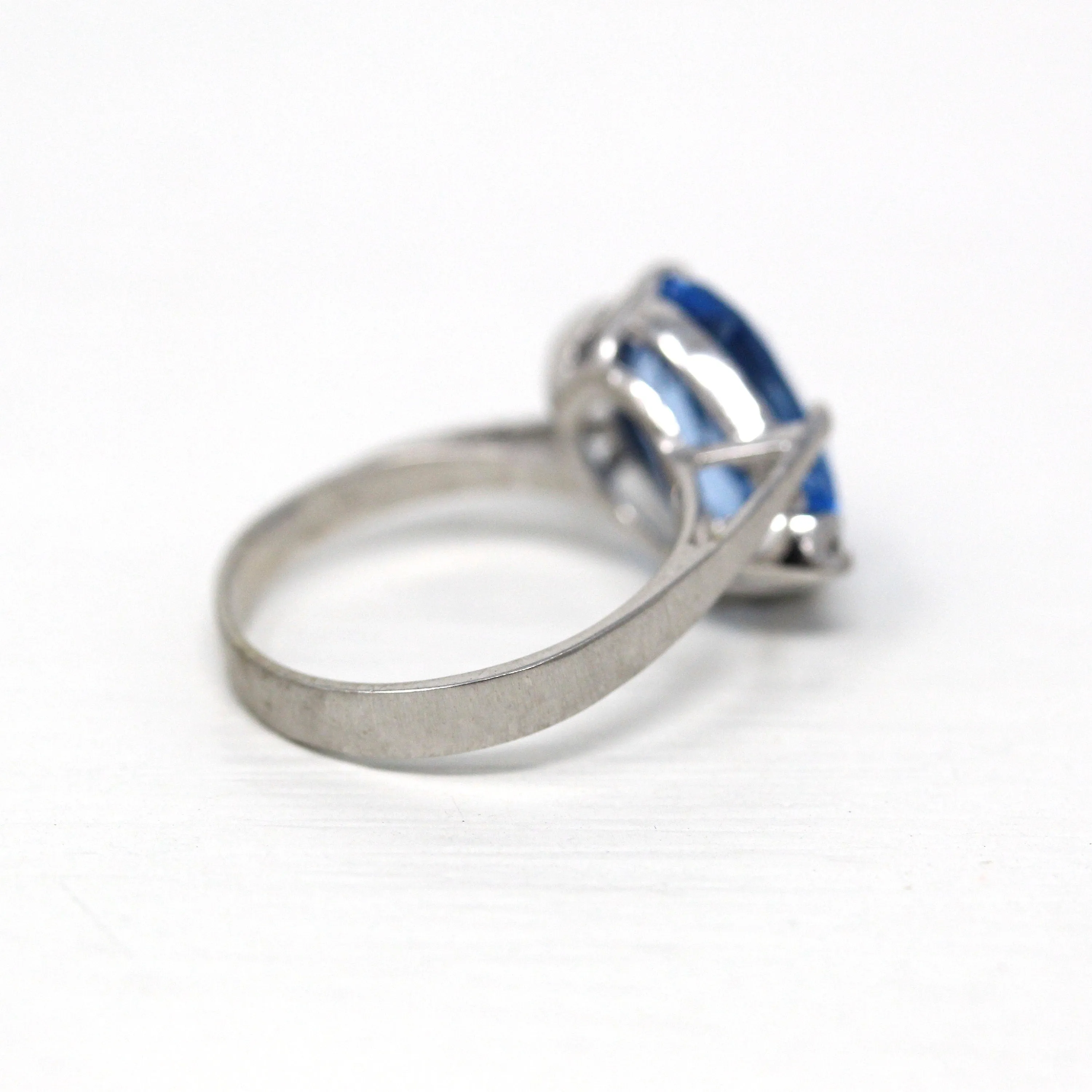 Sale - Created Spinel Ring - Retro 10k White Gold Oval Faceted 4.83 CT Blue Stone - Vintage Circa 1960s Era Size 5 1/2 Statement 60s Jewelry