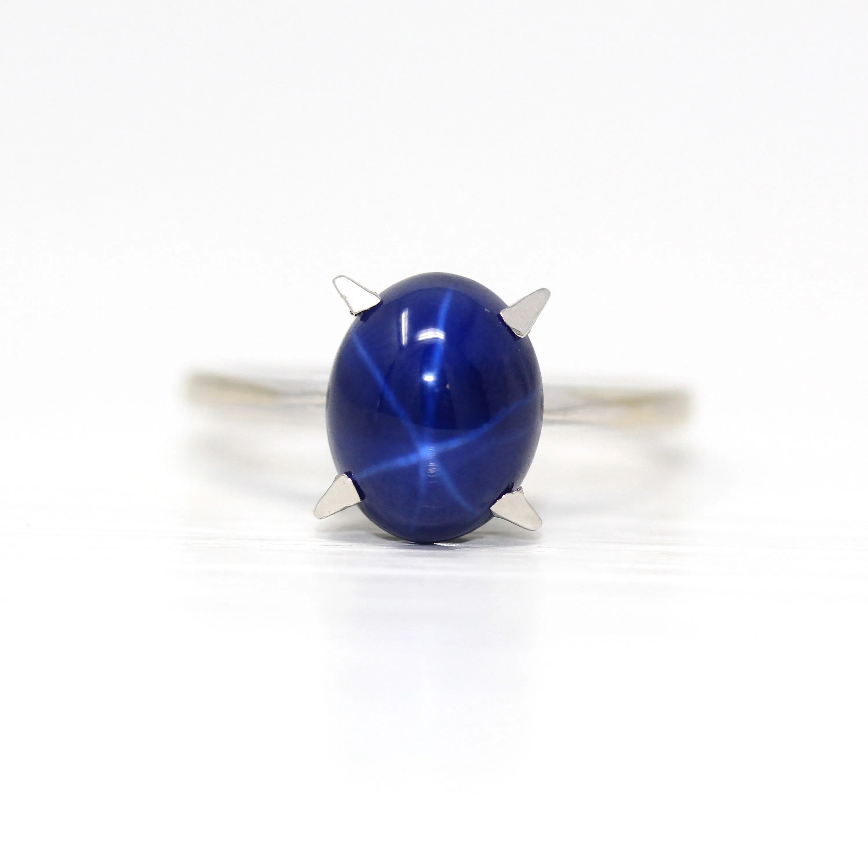 Sale - Created Star Sapphire Ring - Vintage 14k White Gold Oval Blue 3.45 CTS Stone - Size 7 Retro 1970s Era September Birthstone Jewelry