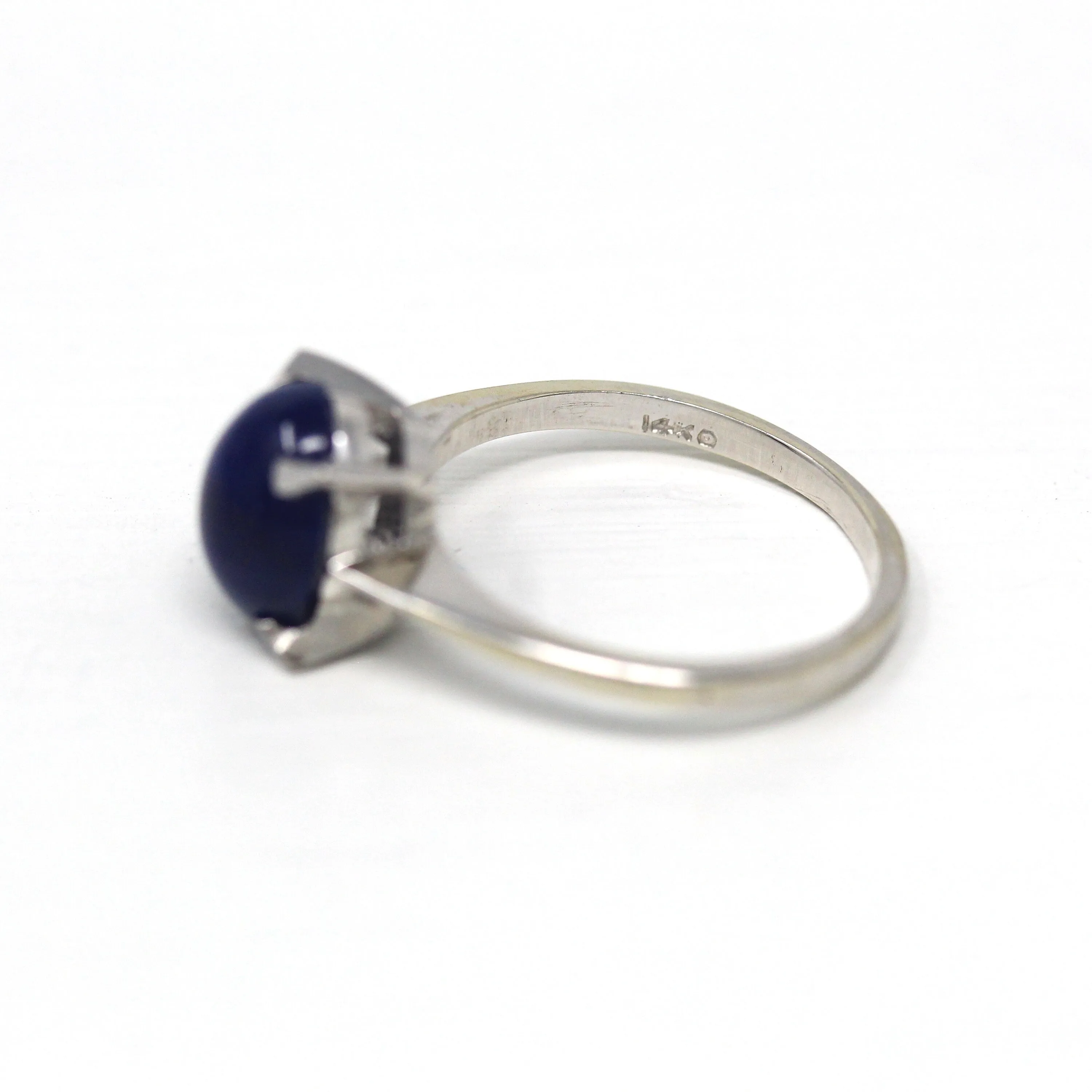 Sale - Created Star Sapphire Ring - Vintage 14k White Gold Oval Blue 3.45 CTS Stone - Size 7 Retro 1970s Era September Birthstone Jewelry