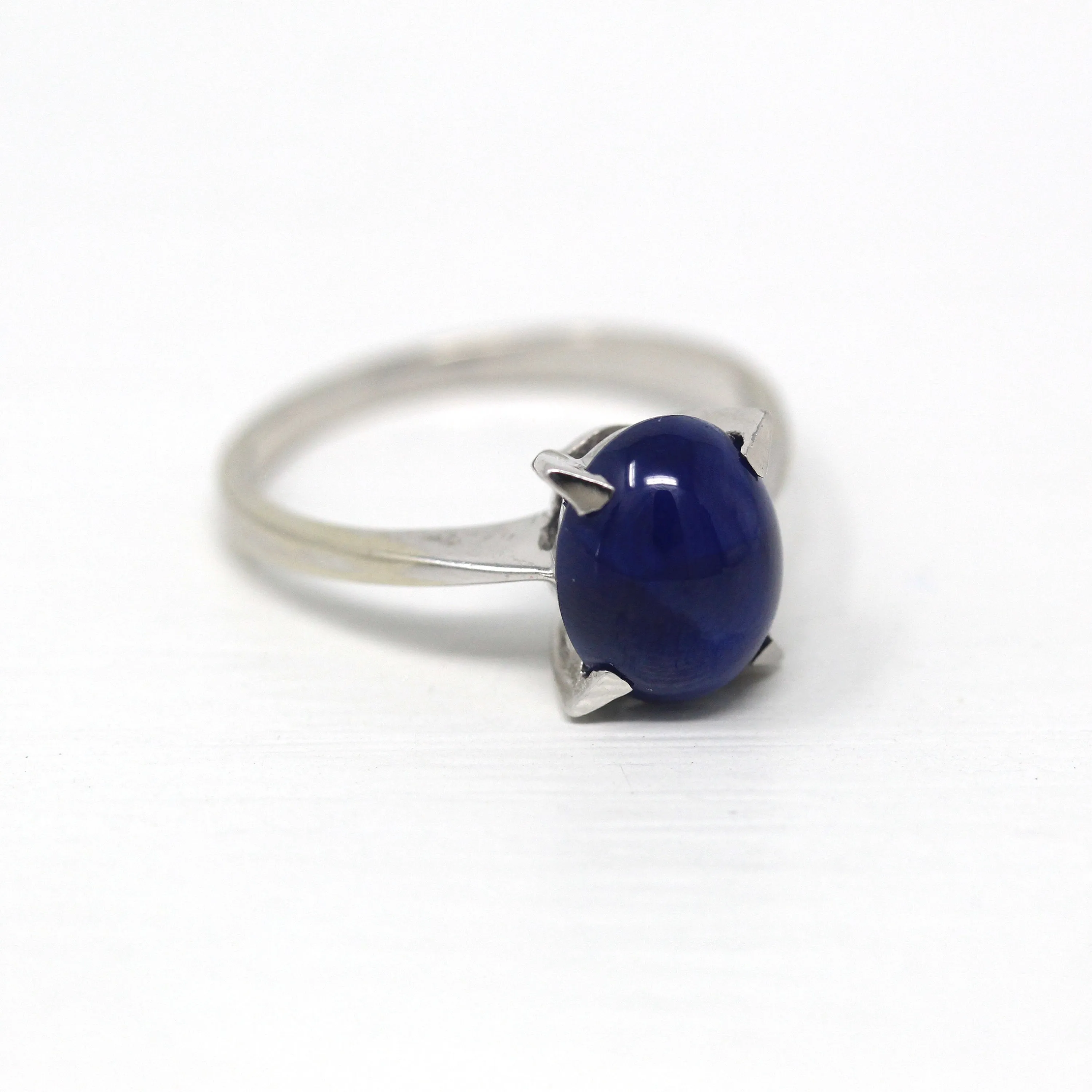 Sale - Created Star Sapphire Ring - Vintage 14k White Gold Oval Blue 3.45 CTS Stone - Size 7 Retro 1970s Era September Birthstone Jewelry