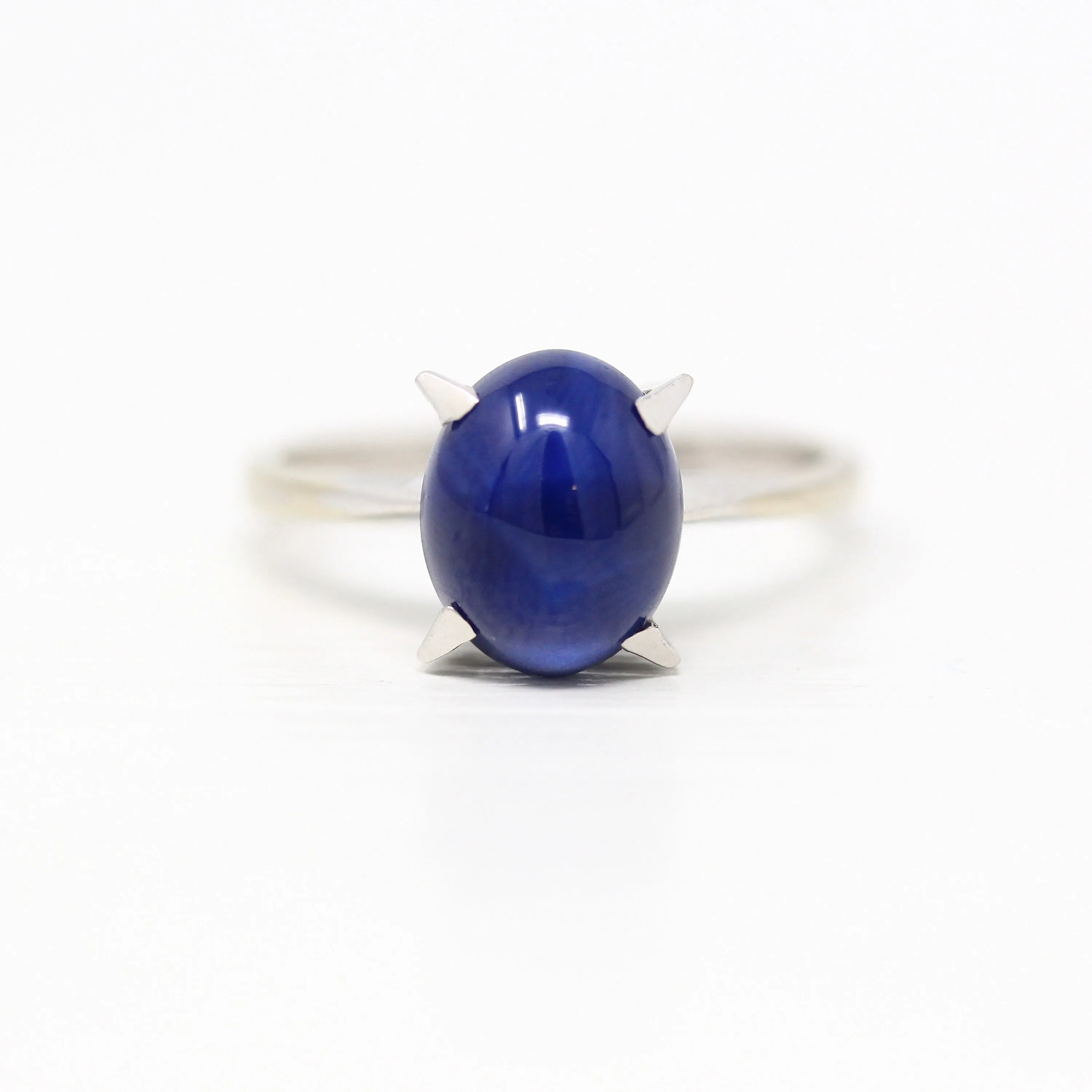 Sale - Created Star Sapphire Ring - Vintage 14k White Gold Oval Blue 3.45 CTS Stone - Size 7 Retro 1970s Era September Birthstone Jewelry