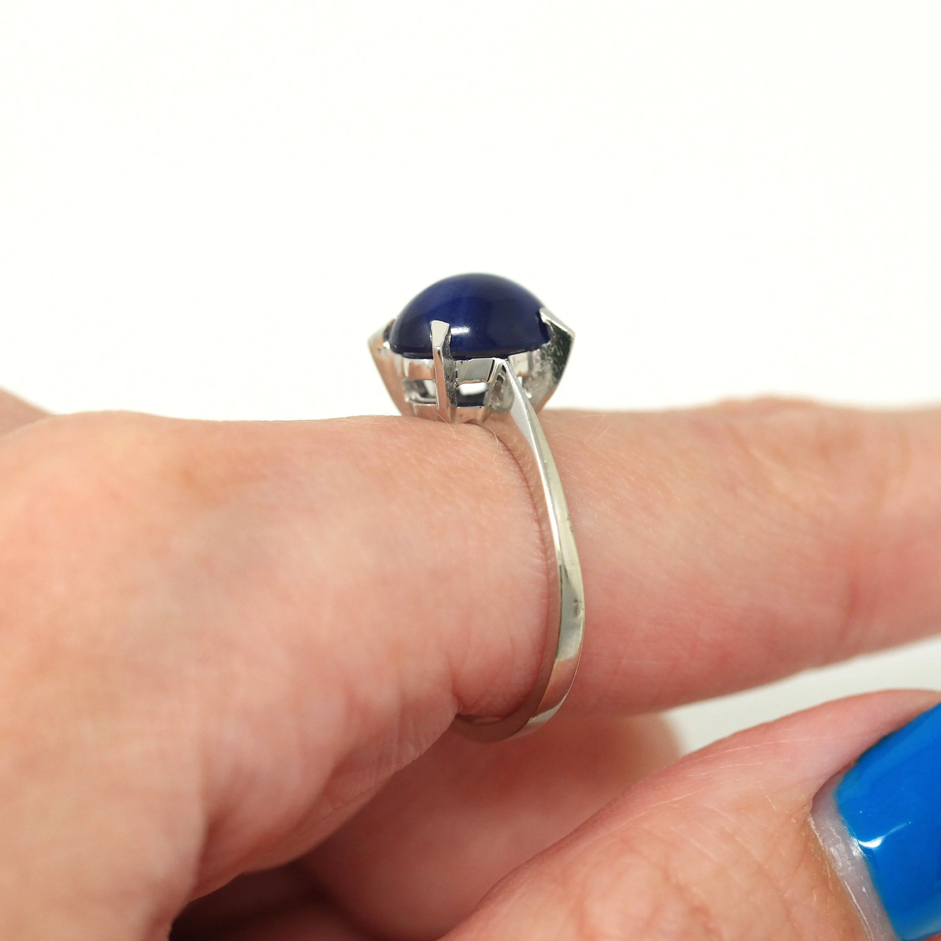 Sale - Created Star Sapphire Ring - Vintage 14k White Gold Oval Blue 3.45 CTS Stone - Size 7 Retro 1970s Era September Birthstone Jewelry