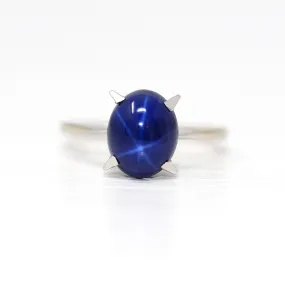 Sale - Created Star Sapphire Ring - Vintage 14k White Gold Oval Blue 3.45 CTS Stone - Size 7 Retro 1970s Era September Birthstone Jewelry