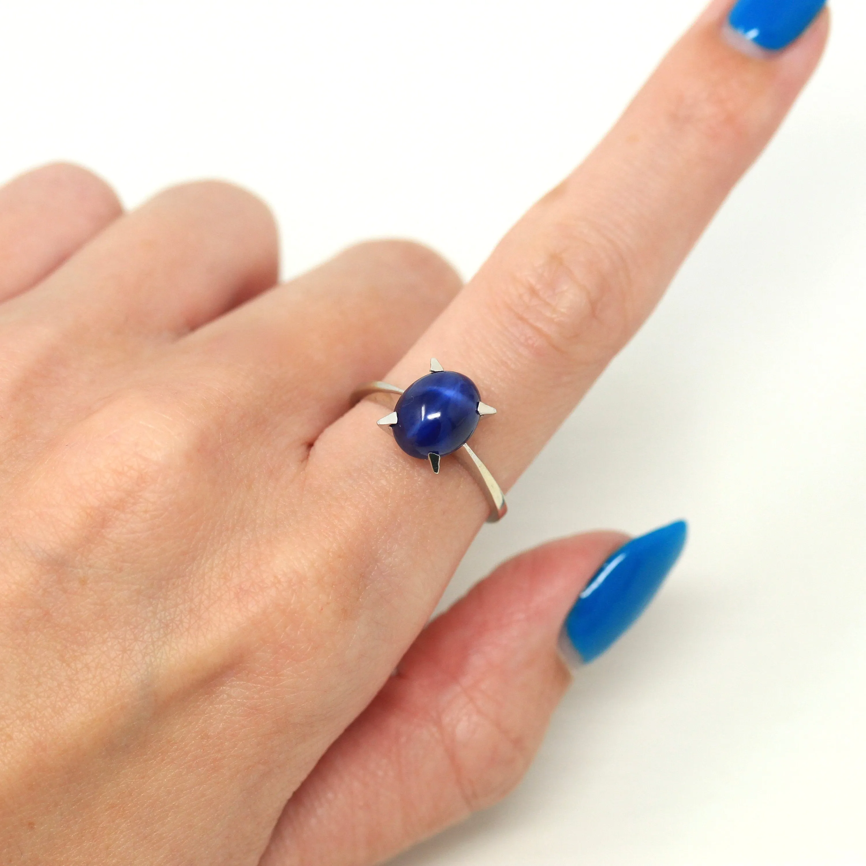 Sale - Created Star Sapphire Ring - Vintage 14k White Gold Oval Blue 3.45 CTS Stone - Size 7 Retro 1970s Era September Birthstone Jewelry