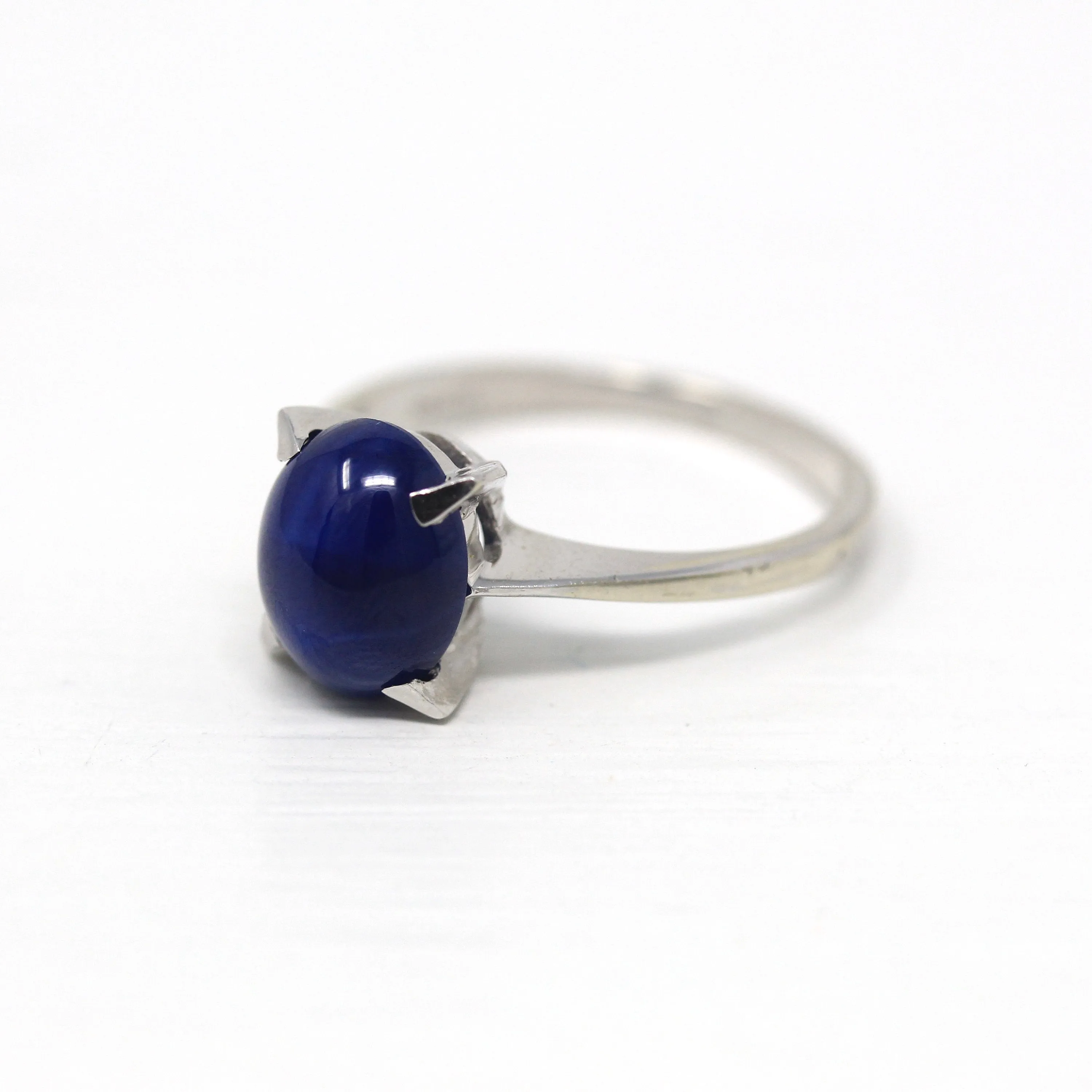 Sale - Created Star Sapphire Ring - Vintage 14k White Gold Oval Blue 3.45 CTS Stone - Size 7 Retro 1970s Era September Birthstone Jewelry