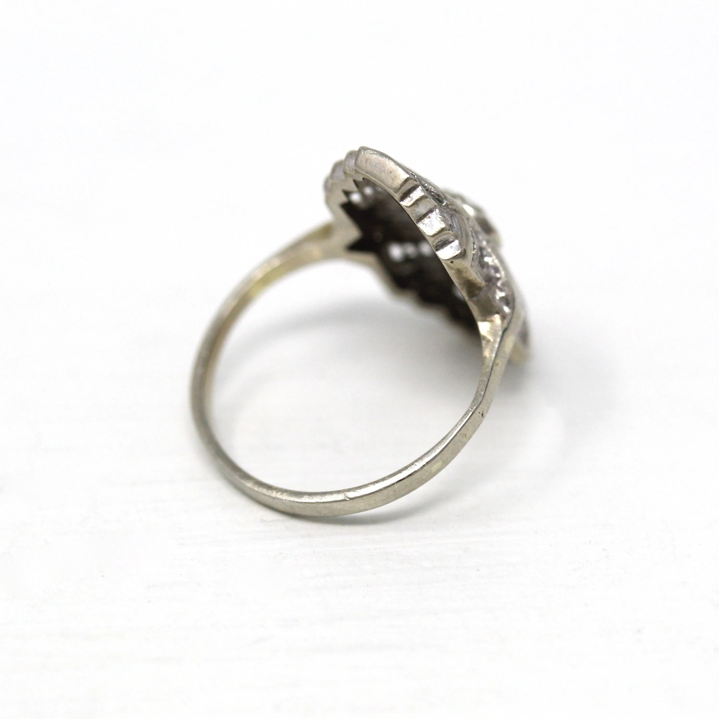 Sale - Vintage Shield Ring - Mid Century 10k White Gold Genuine .005 CT Diamond - Circa 1950s Era Size 3 3/4 Fine Statement Filigree Jewelry