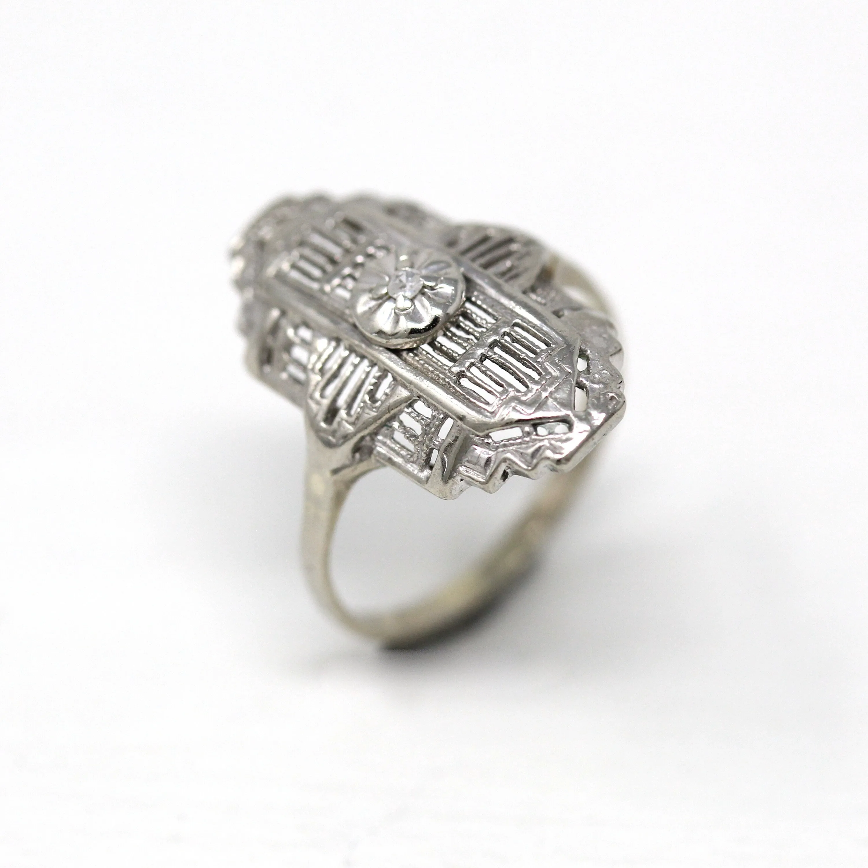 Sale - Vintage Shield Ring - Mid Century 10k White Gold Genuine .005 CT Diamond - Circa 1950s Era Size 3 3/4 Fine Statement Filigree Jewelry