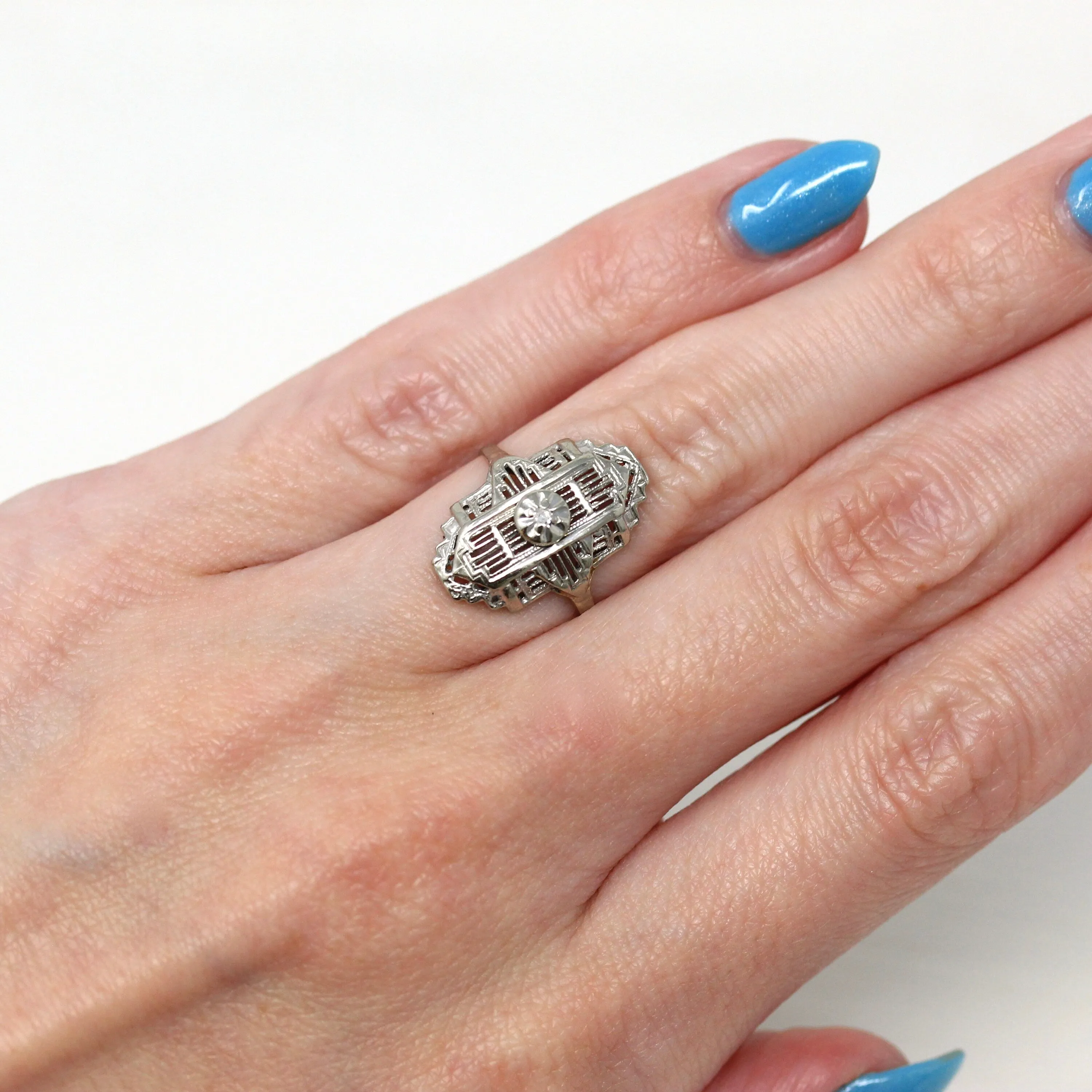 Sale - Vintage Shield Ring - Mid Century 10k White Gold Genuine .005 CT Diamond - Circa 1950s Era Size 3 3/4 Fine Statement Filigree Jewelry