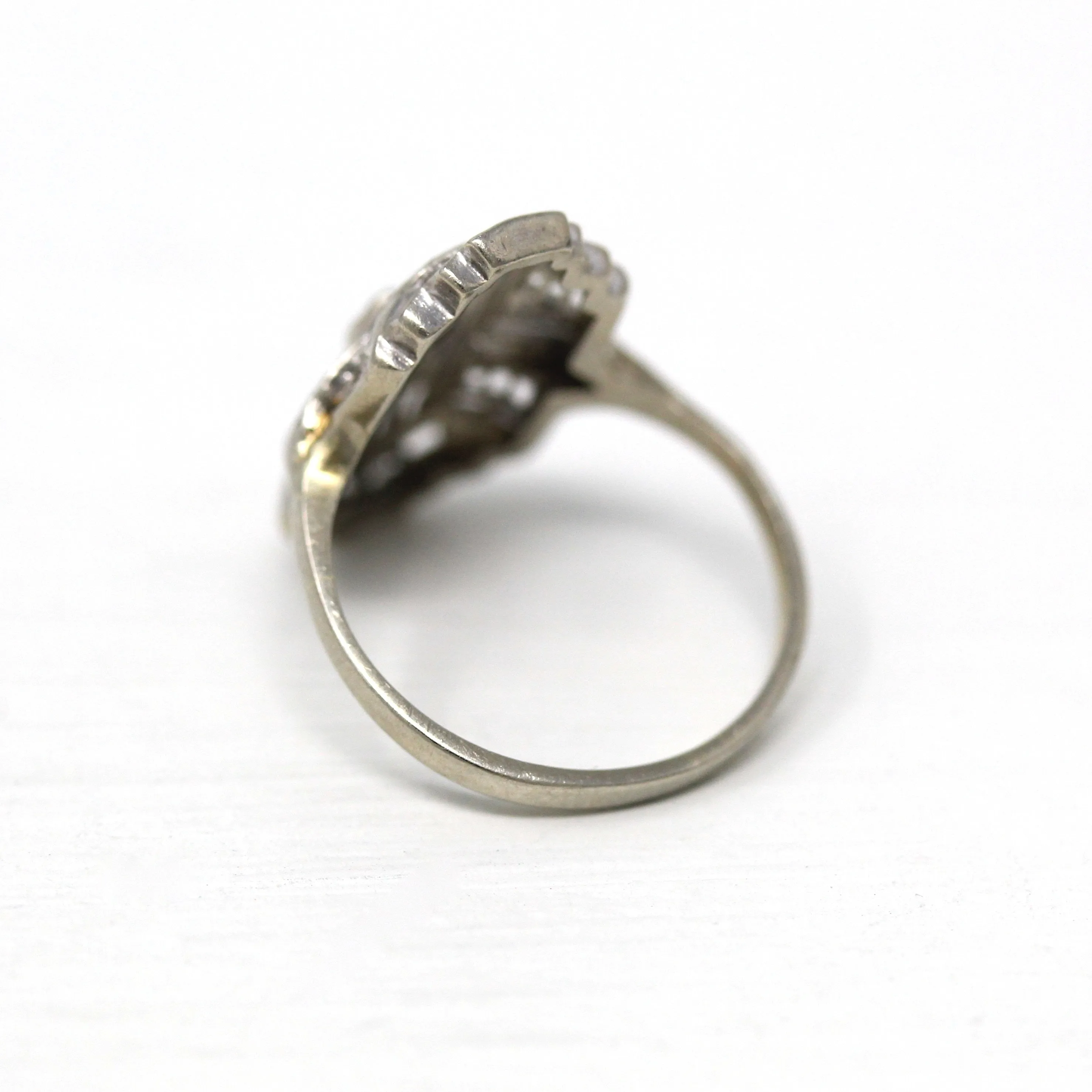 Sale - Vintage Shield Ring - Mid Century 10k White Gold Genuine .005 CT Diamond - Circa 1950s Era Size 3 3/4 Fine Statement Filigree Jewelry