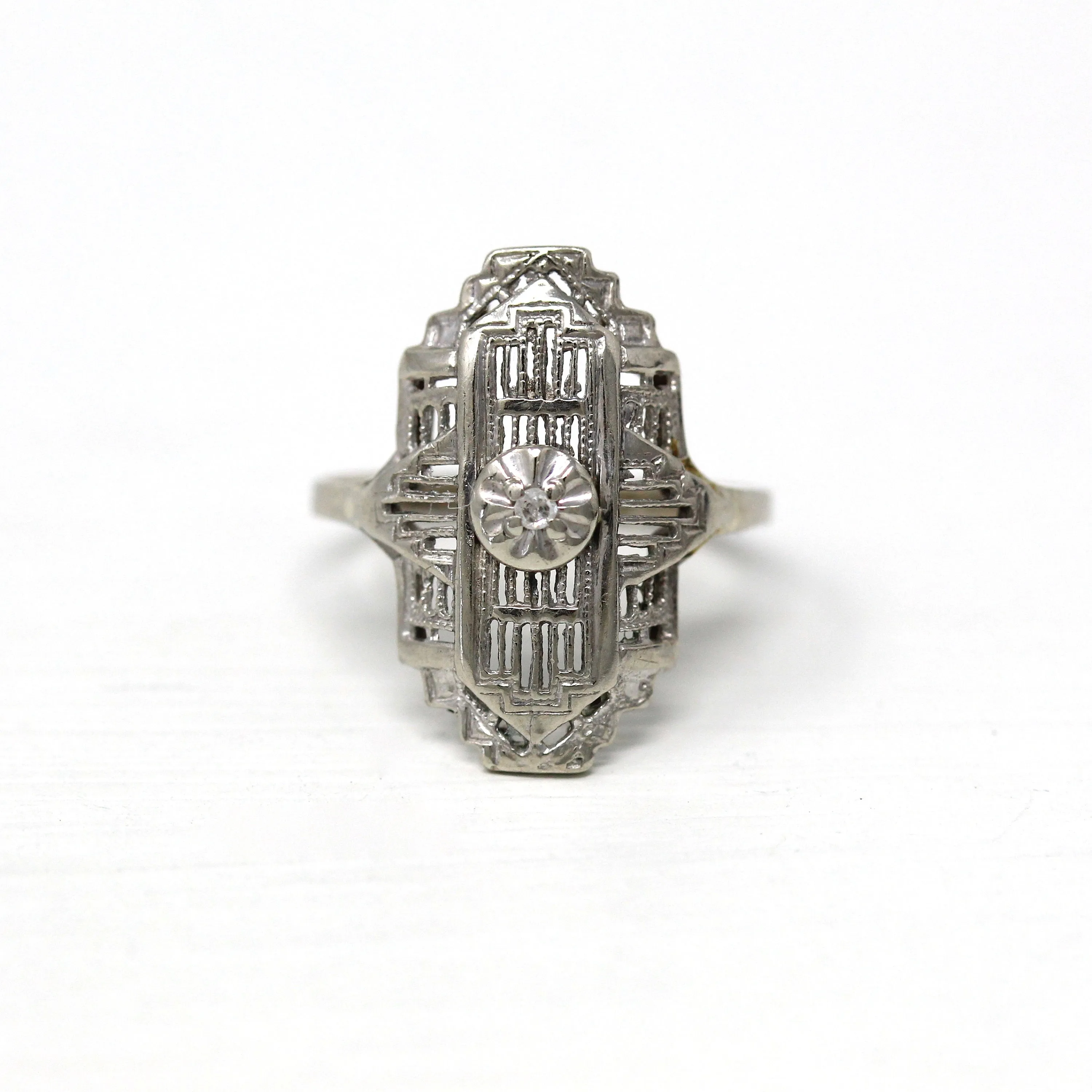 Sale - Vintage Shield Ring - Mid Century 10k White Gold Genuine .005 CT Diamond - Circa 1950s Era Size 3 3/4 Fine Statement Filigree Jewelry