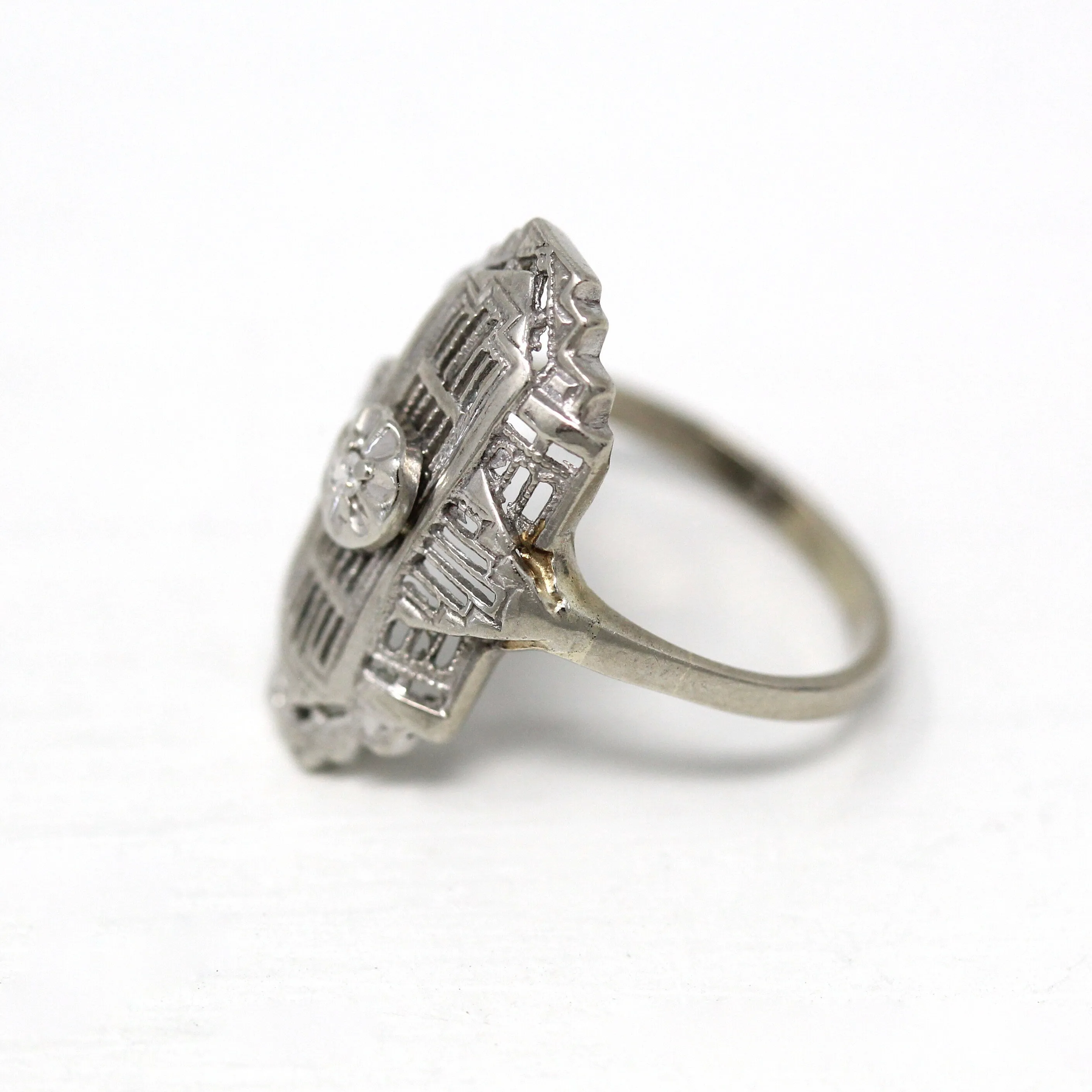 Sale - Vintage Shield Ring - Mid Century 10k White Gold Genuine .005 CT Diamond - Circa 1950s Era Size 3 3/4 Fine Statement Filigree Jewelry