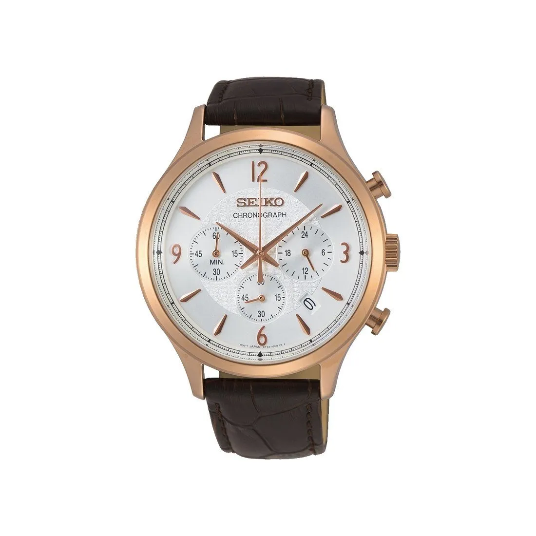 Seiko Chrono Rose Gold Men's Leather Watch SSB342P