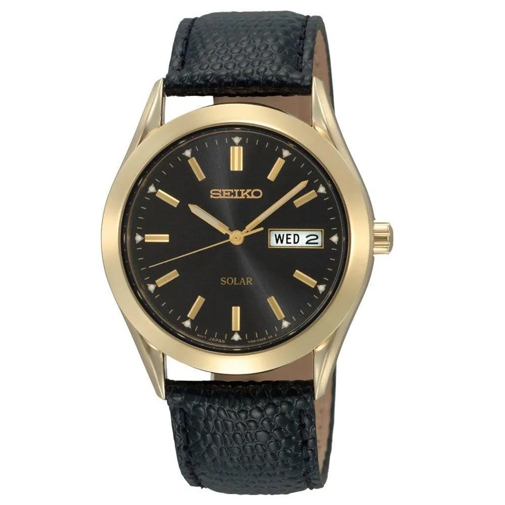 Seiko SNE054 Men's Solar Dress Black Dial Black Leather Strap Gold Tone Steel Watch