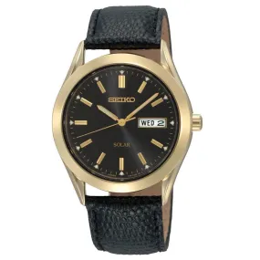 Seiko SNE054 Men's Solar Dress Black Dial Black Leather Strap Gold Tone Steel Watch