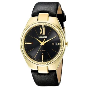 Seiko SNE876 Women's Recraft Black Dial Black Leather Strap Solar Power Reserve Watch