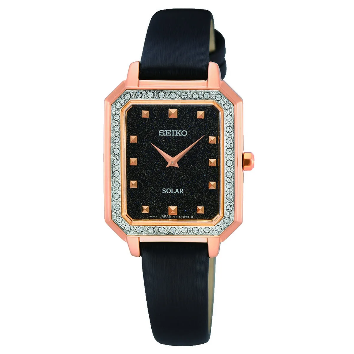 seiko solar ladies rose gold black dial strap watch