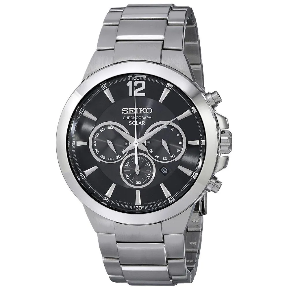 Seiko SSC321 Men's Recraft Solar Chronograph Black Dial Steel Bracelet Watch