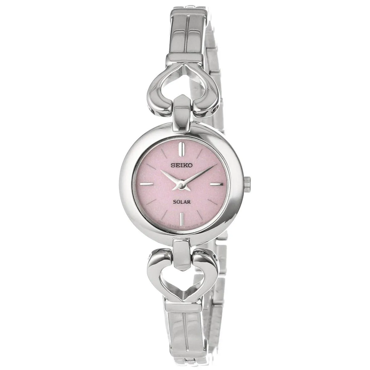 Seiko SUP135 Women's Classic Solar Pink Dial Heart Shape Hinges Stainless Steel Bangle Bracelet Watch
