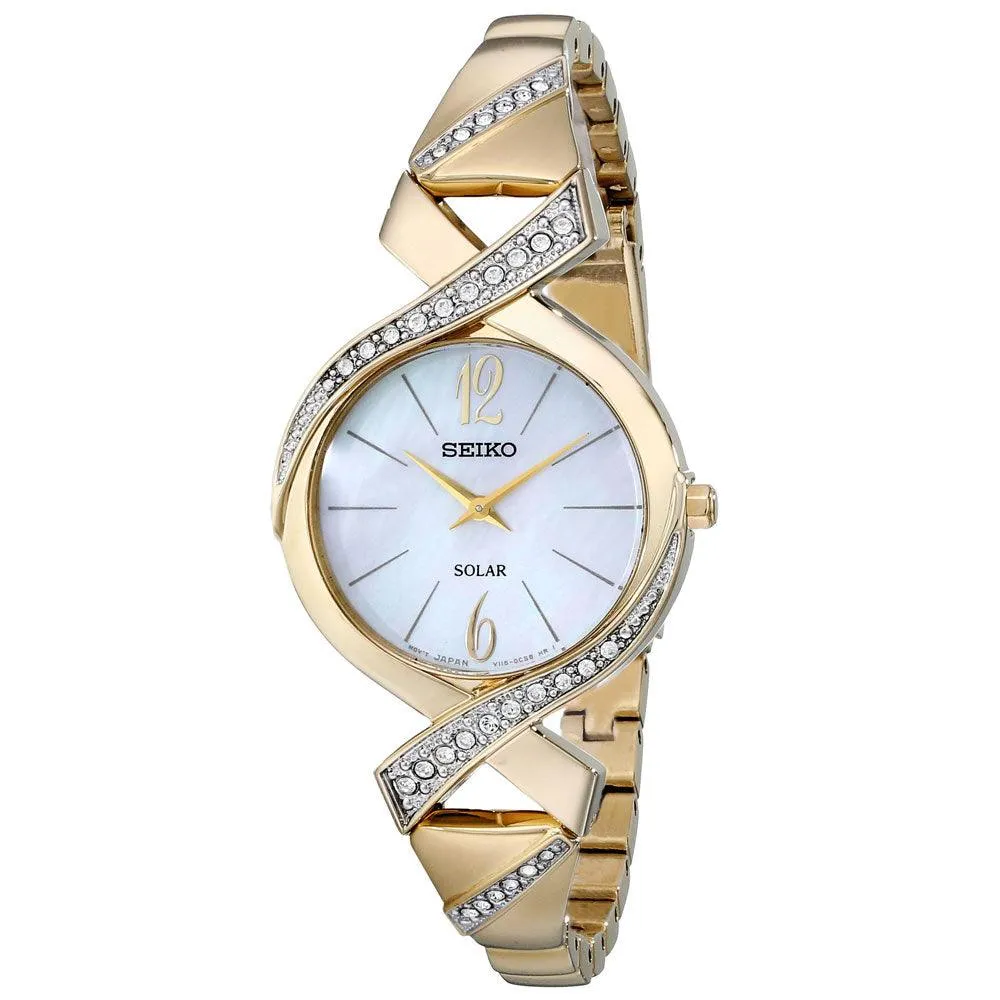 Seiko SUP266 Women's Core Solar MOP Dial Yellow Gold Steel Swarovski Crystal Accented Watch