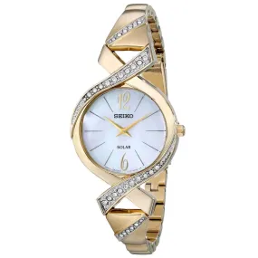 Seiko SUP266 Women's Core Solar MOP Dial Yellow Gold Steel Swarovski Crystal Accented Watch