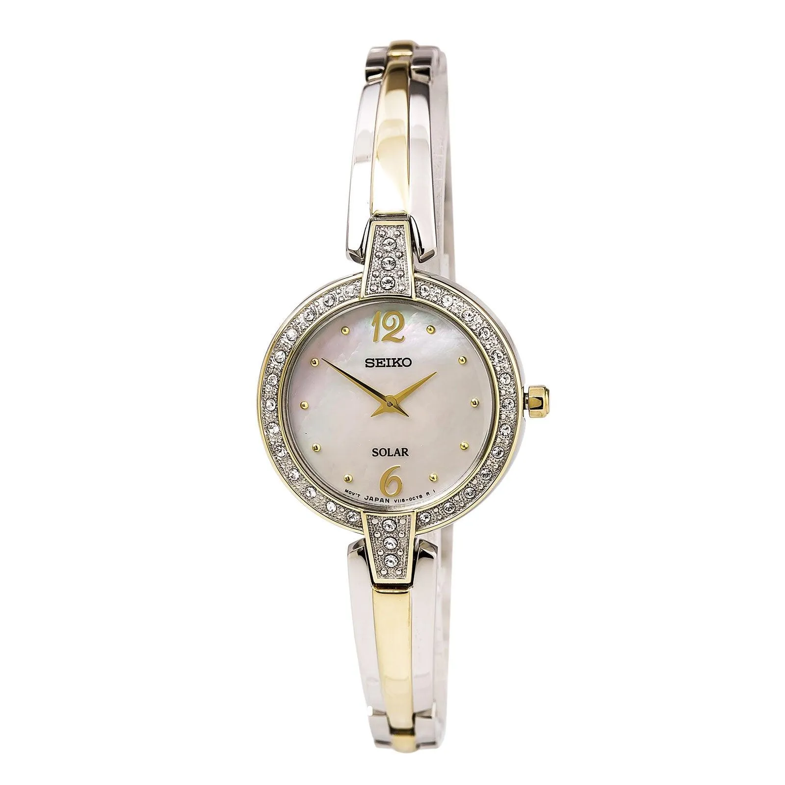 Seiko SUP288 Women's Core Solar White MOP Dial Two Tone Steel Power Reserve Crystal Watch