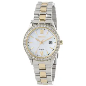 Seiko SUT074 Women's Solar Dress MOP Dial Two Tone Stainless Steel Swarovski Crystal Date Watch