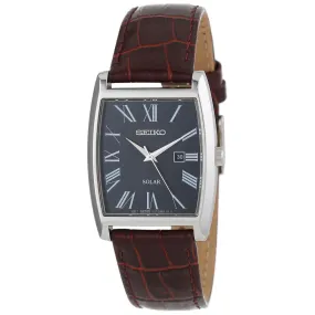 Seiko SUT889 Men's Dress Solar Black Dial Brown Leather Strap Tonneau Watch