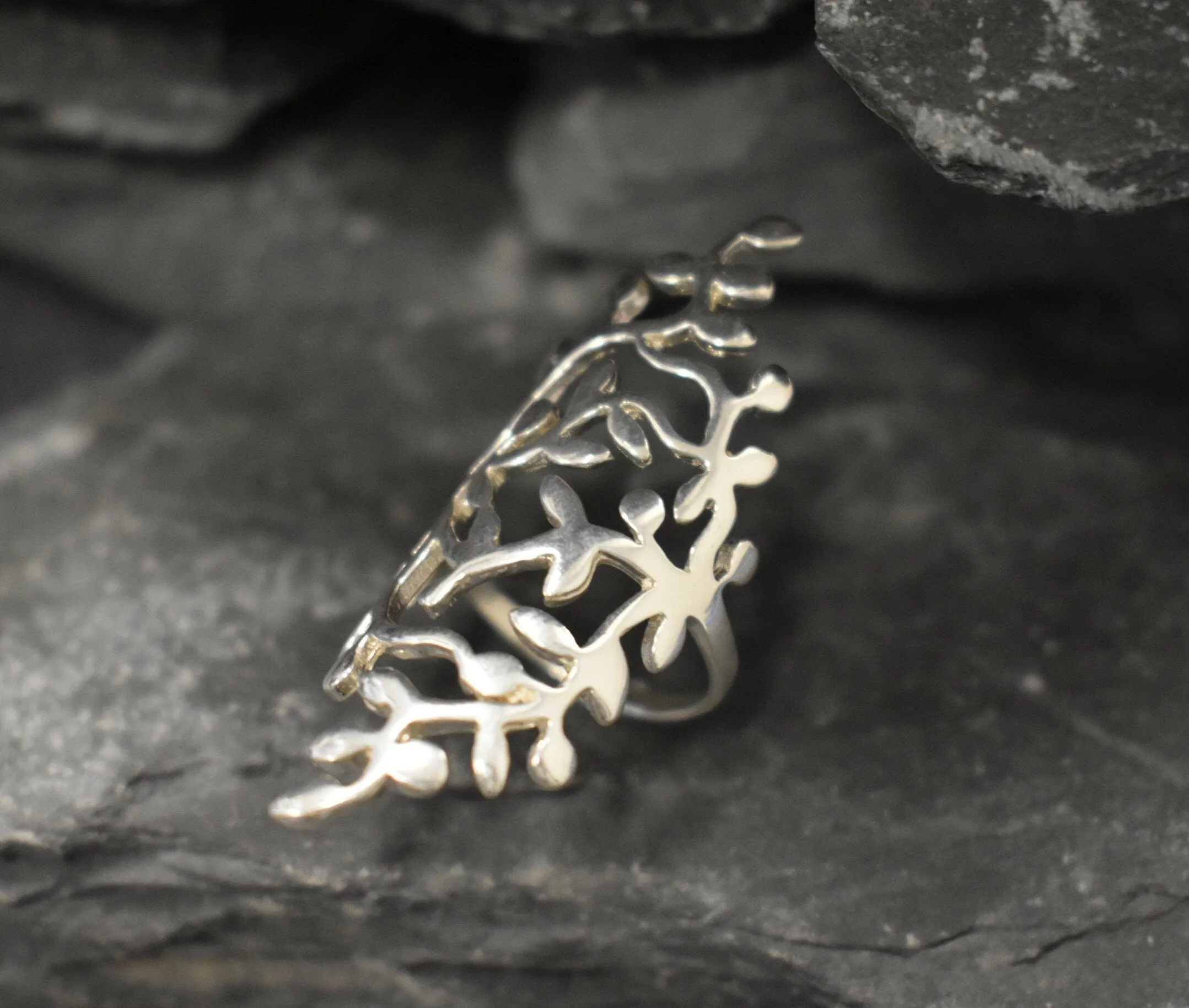 Silver Leaf Ring - Long Vintage Leaf Ring - Silver Statement Ring