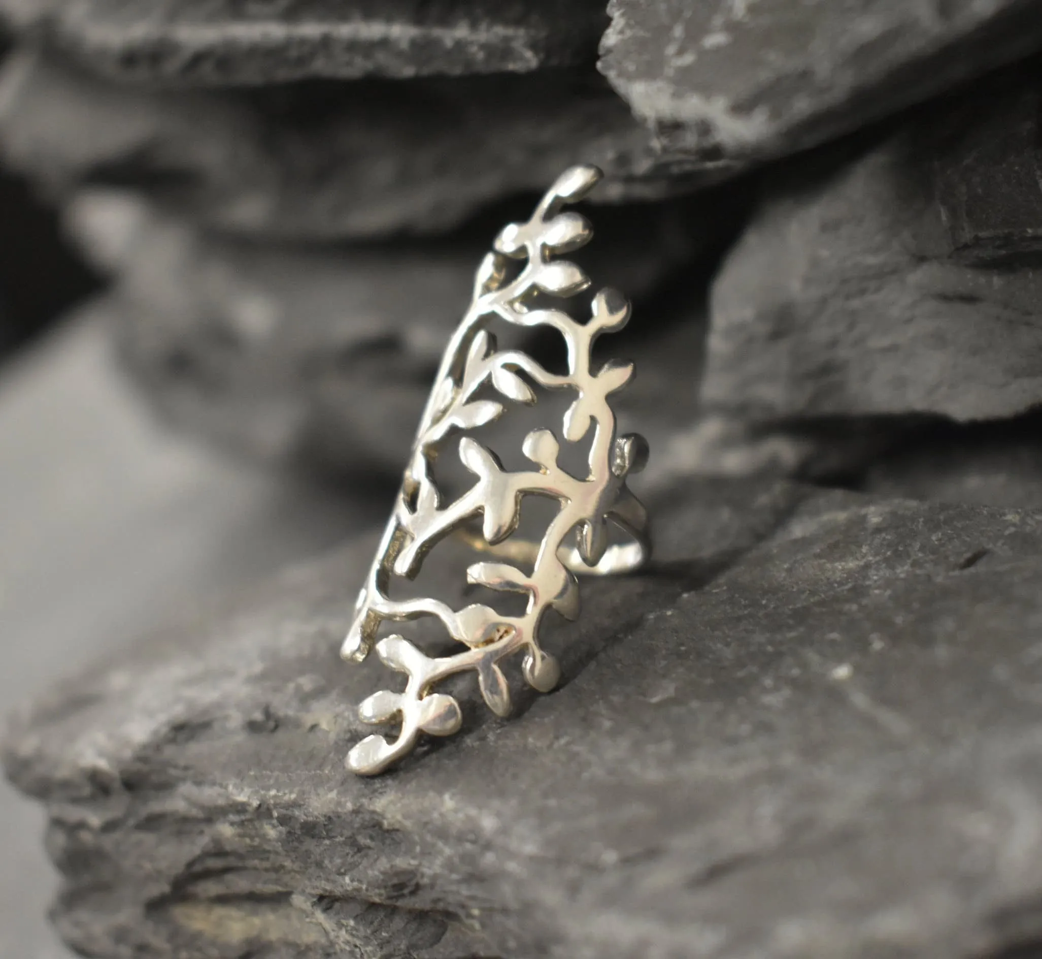 Silver Leaf Ring - Long Vintage Leaf Ring - Silver Statement Ring