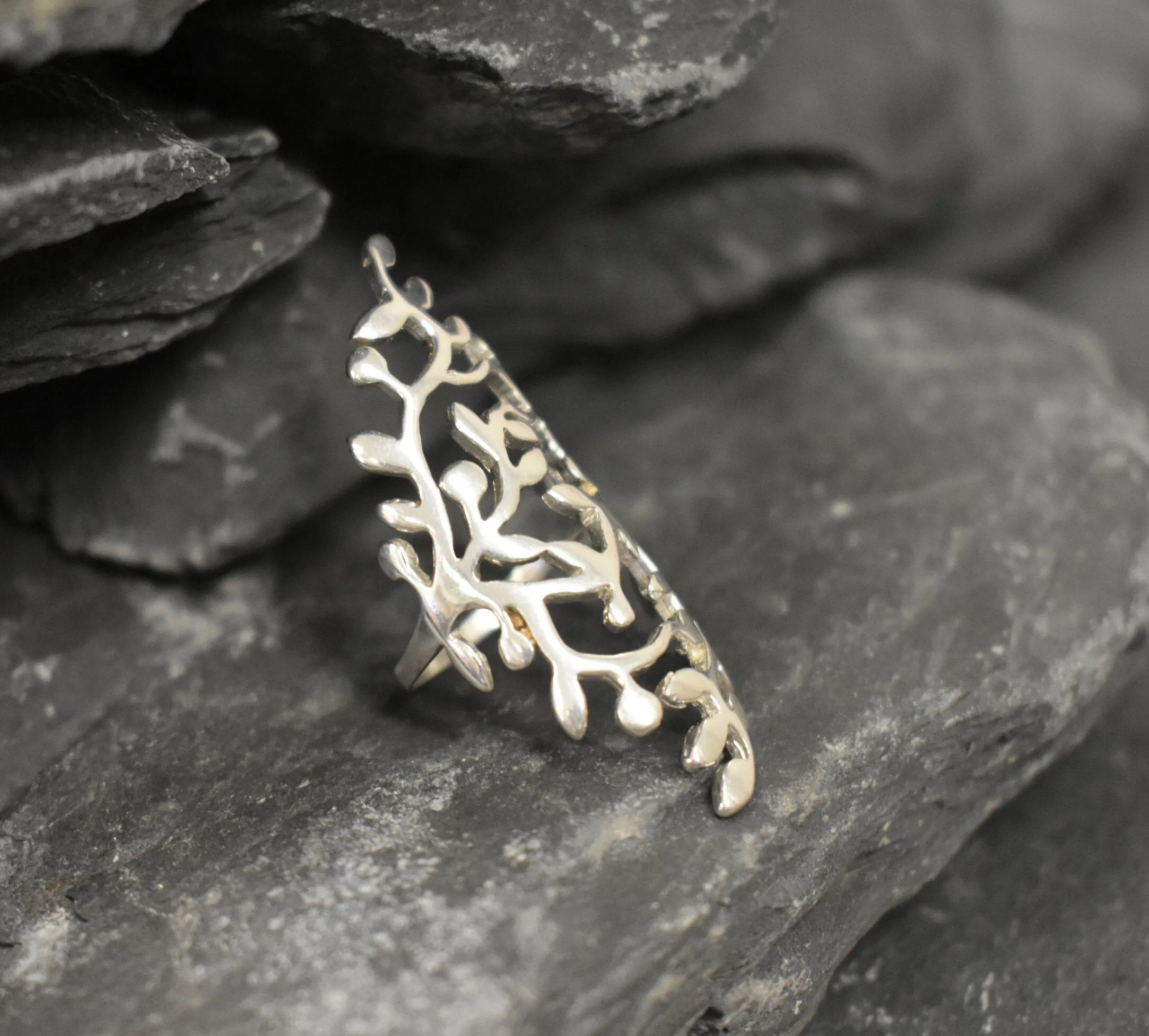 Silver Leaf Ring - Long Vintage Leaf Ring - Silver Statement Ring
