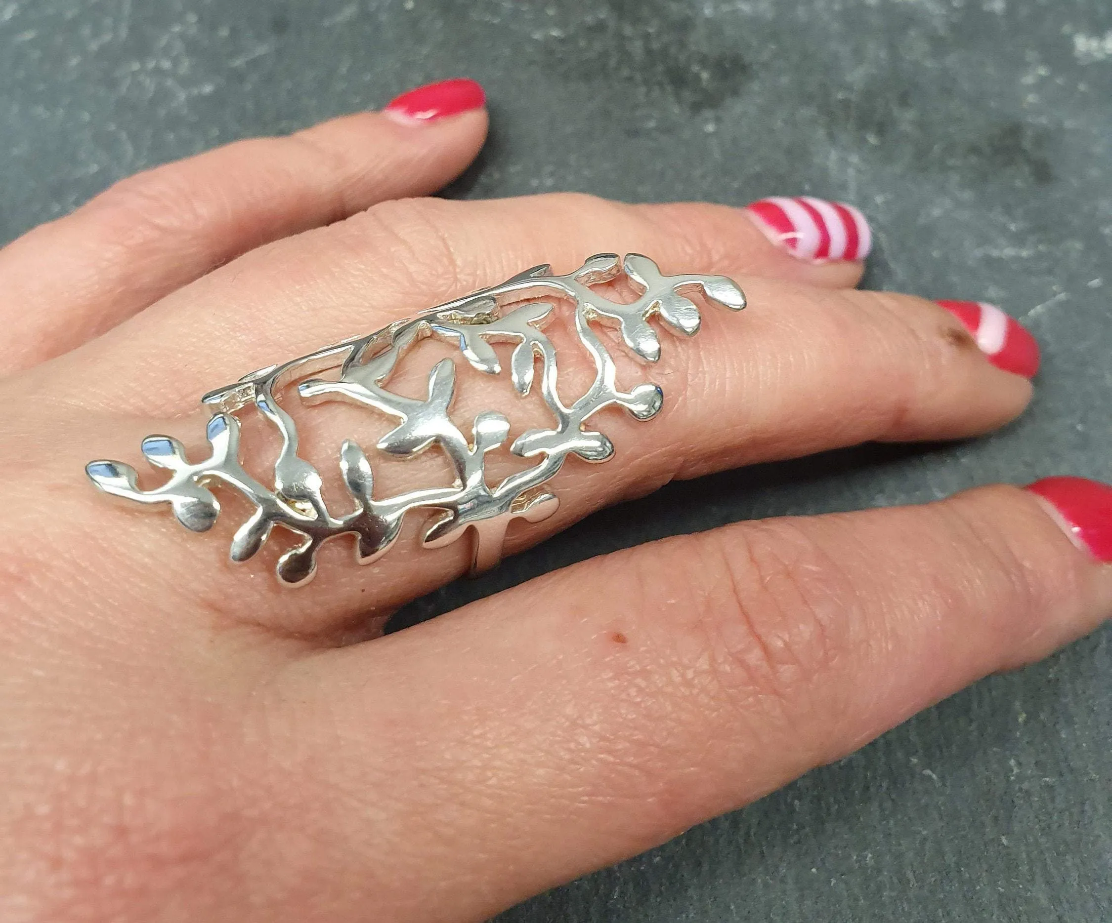Silver Leaf Ring - Long Vintage Leaf Ring - Silver Statement Ring