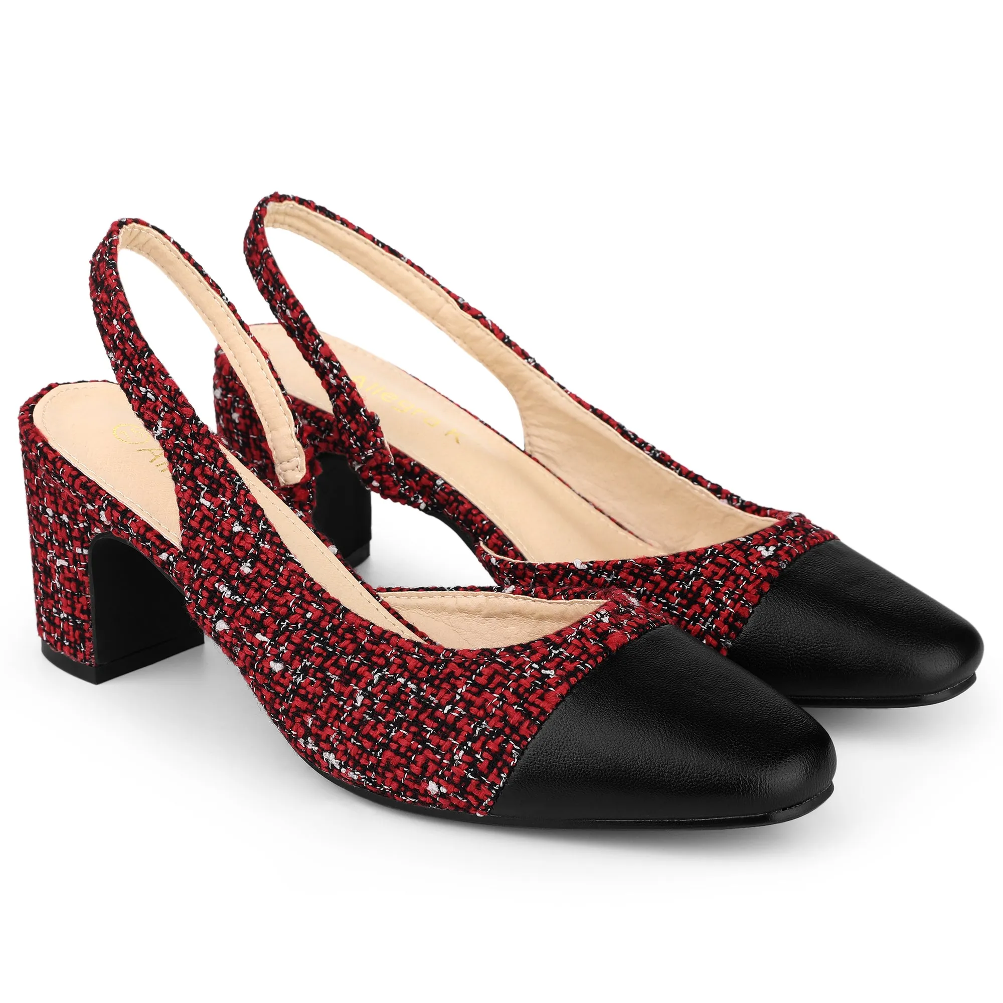 Slingback Cap Toe Christmas Plaid Chunky Heel Pumps