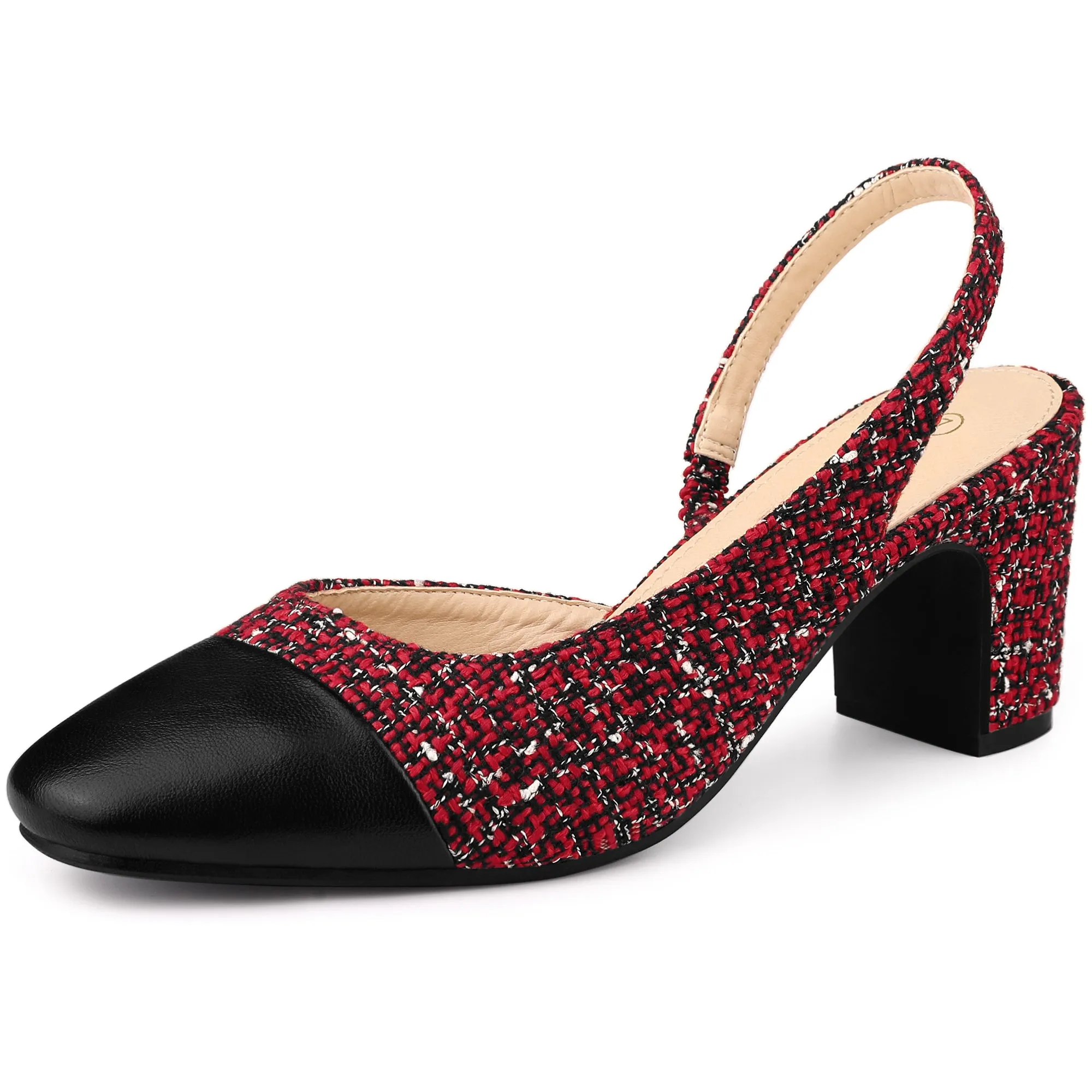 Slingback Cap Toe Christmas Plaid Chunky Heel Pumps