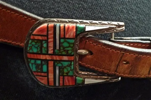 Southwestern Ranger Belt Buckle in Sterling Silver Spiny Coral and Turquoise Inlay