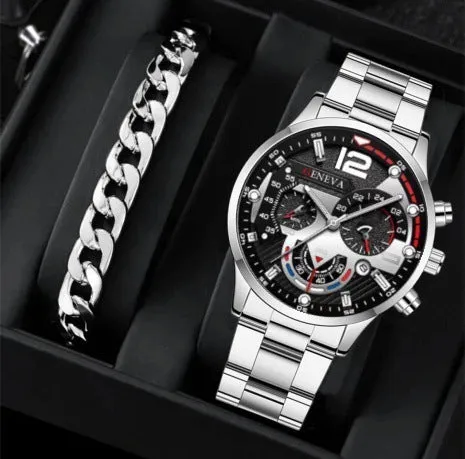 Stylish Men's Steel Quartz Watch & Bracelet Set – Perfect Gift
