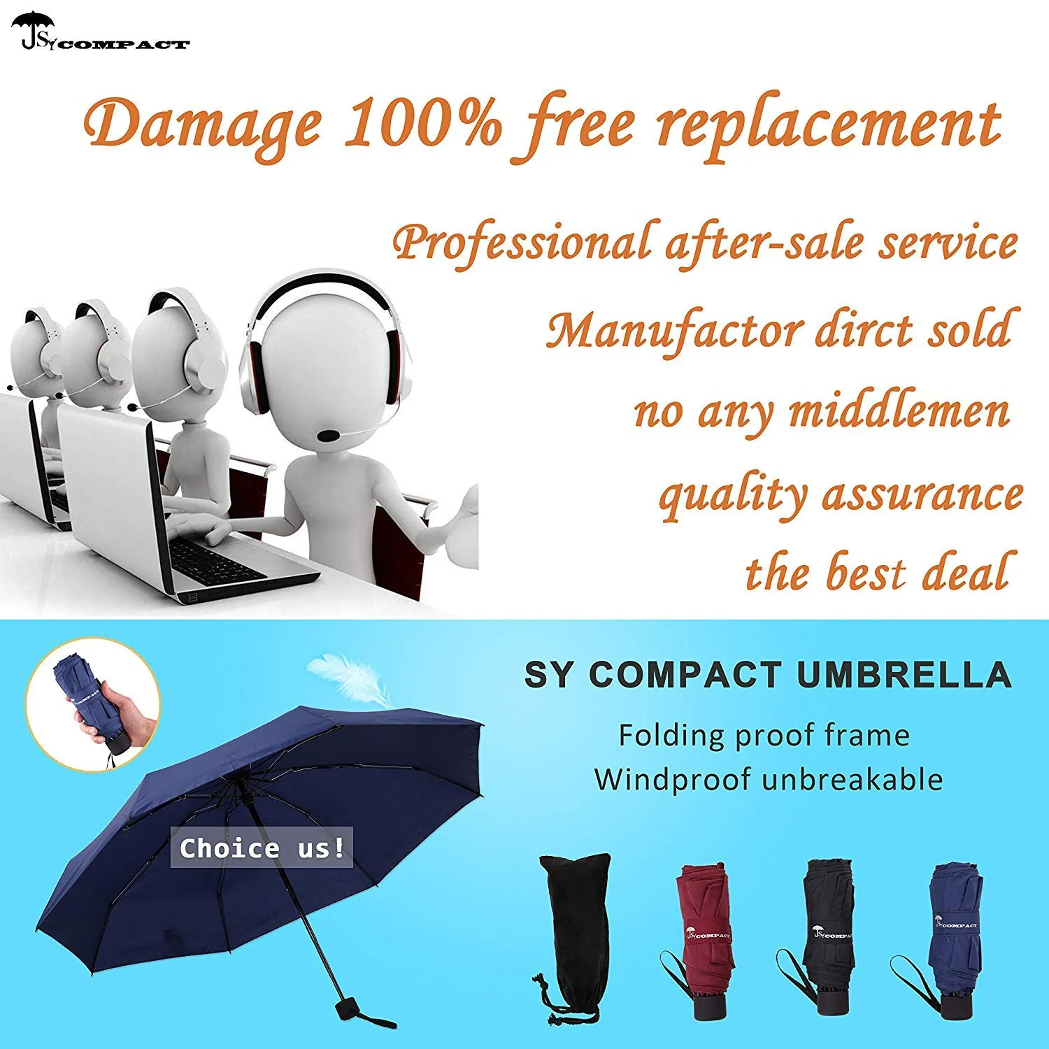 SY COMPACT Travel Umbrella - Lightweight Portable mini Compact Umbrellas (black)