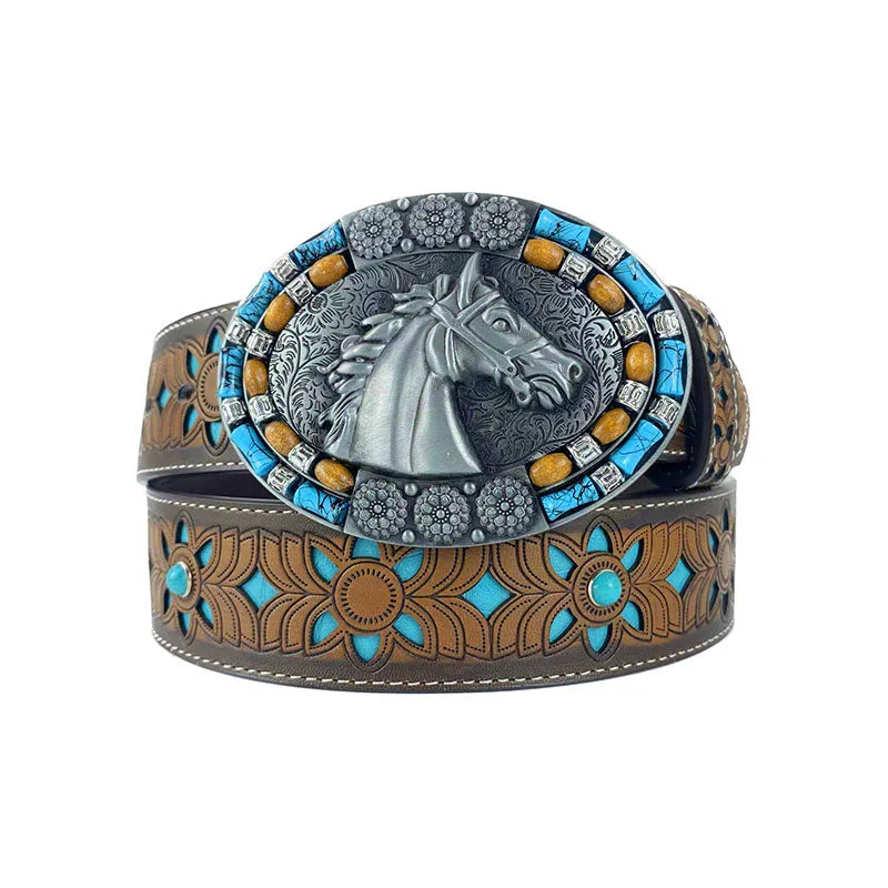 TOPACC Western Turquoise Belts - Oval Turquoise Horse Buckle#1 Copper/Bronze