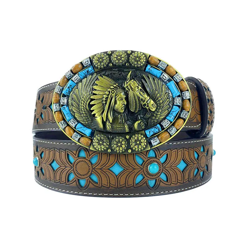 TOPACC Western Turquoise Belts - Oval Turquoise Indians Buckle#2 Copper/Bronze