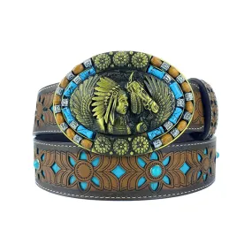 TOPACC Western Turquoise Belts - Oval Turquoise Indians Buckle#2 Copper/Bronze