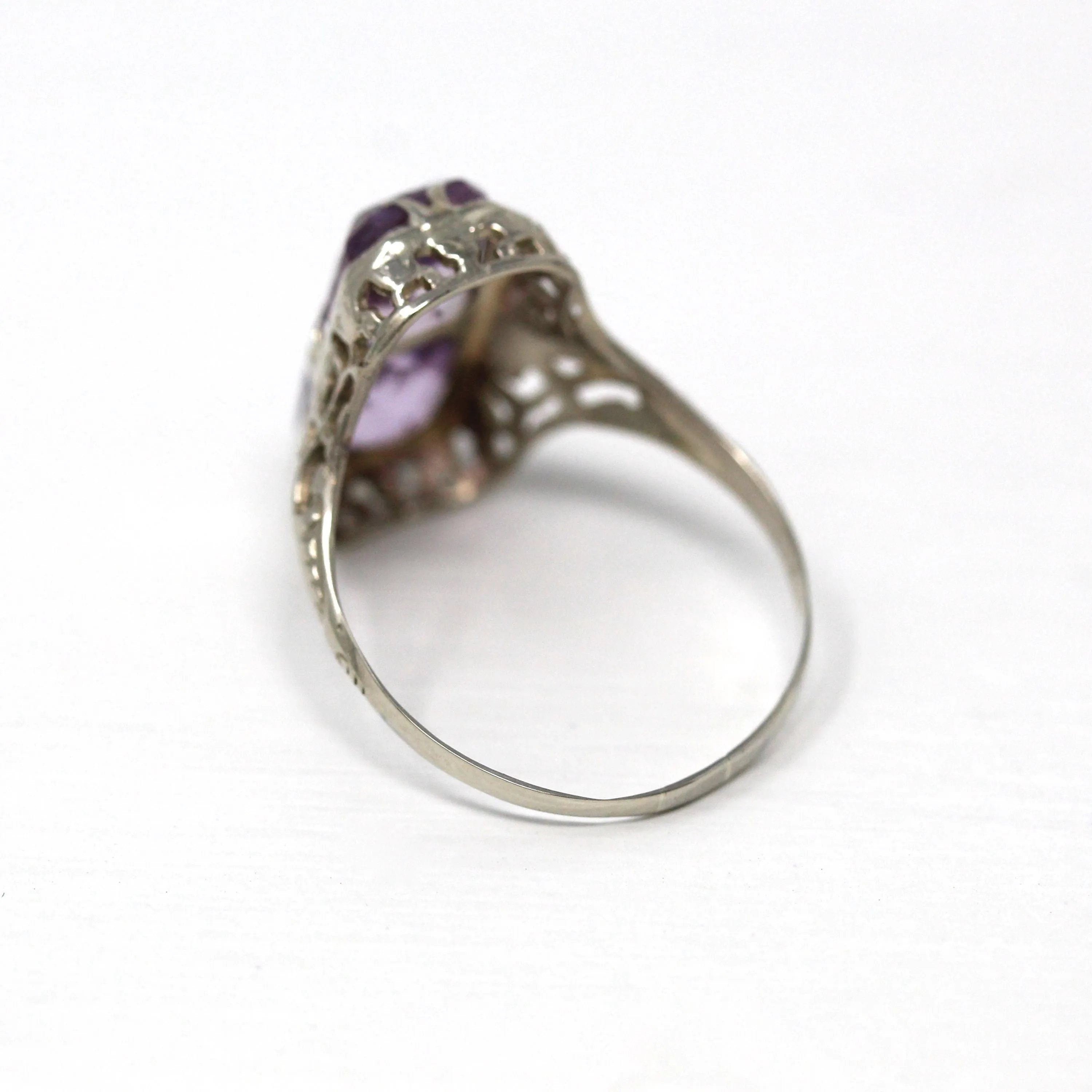 Two Stone Ring - Art Deco 10k White Gold Filigree Emerald Cut Amethyst - Vintage Circa 1930s Era Size 7 1/4 Fine Toi Et Moi Jewelry