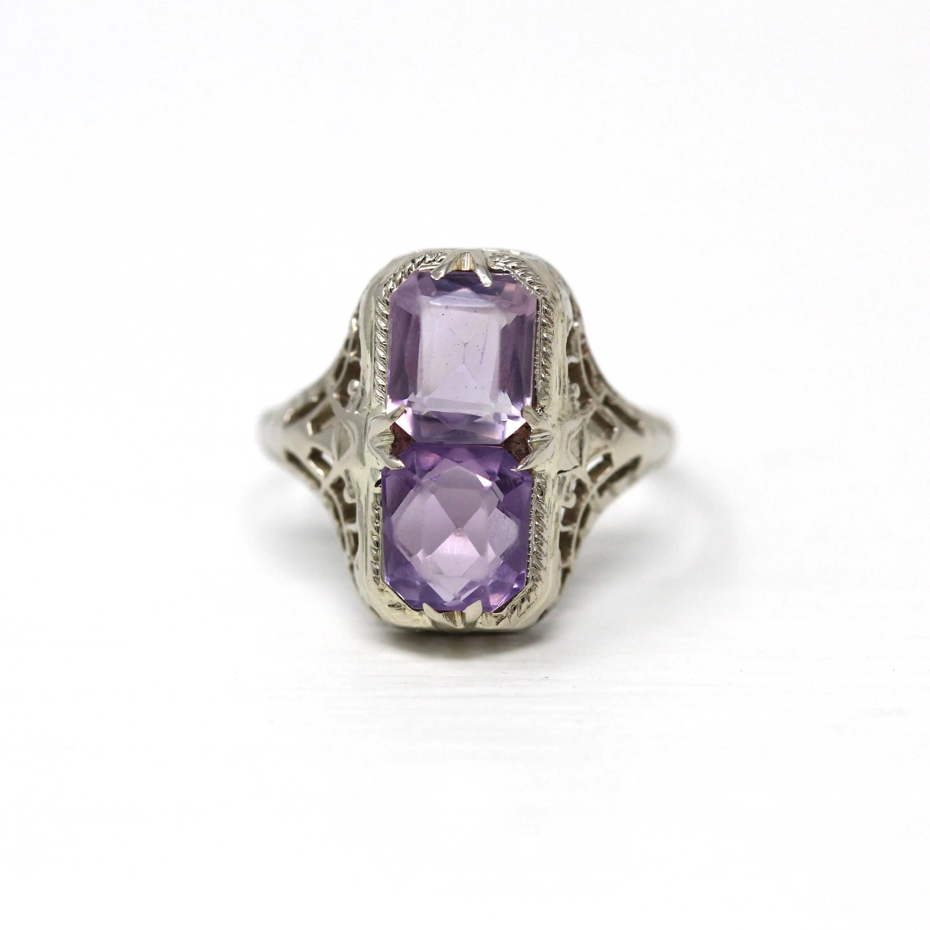 Two Stone Ring - Art Deco 10k White Gold Filigree Emerald Cut Amethyst - Vintage Circa 1930s Era Size 7 1/4 Fine Toi Et Moi Jewelry
