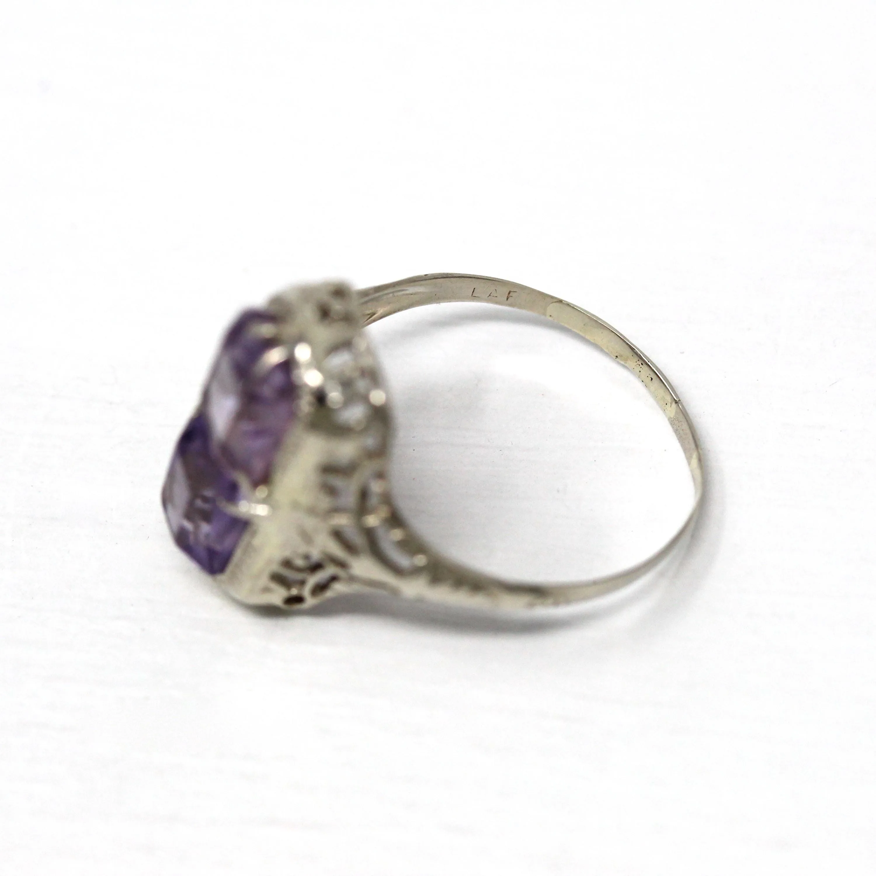 Two Stone Ring - Art Deco 10k White Gold Filigree Emerald Cut Amethyst - Vintage Circa 1930s Era Size 7 1/4 Fine Toi Et Moi Jewelry