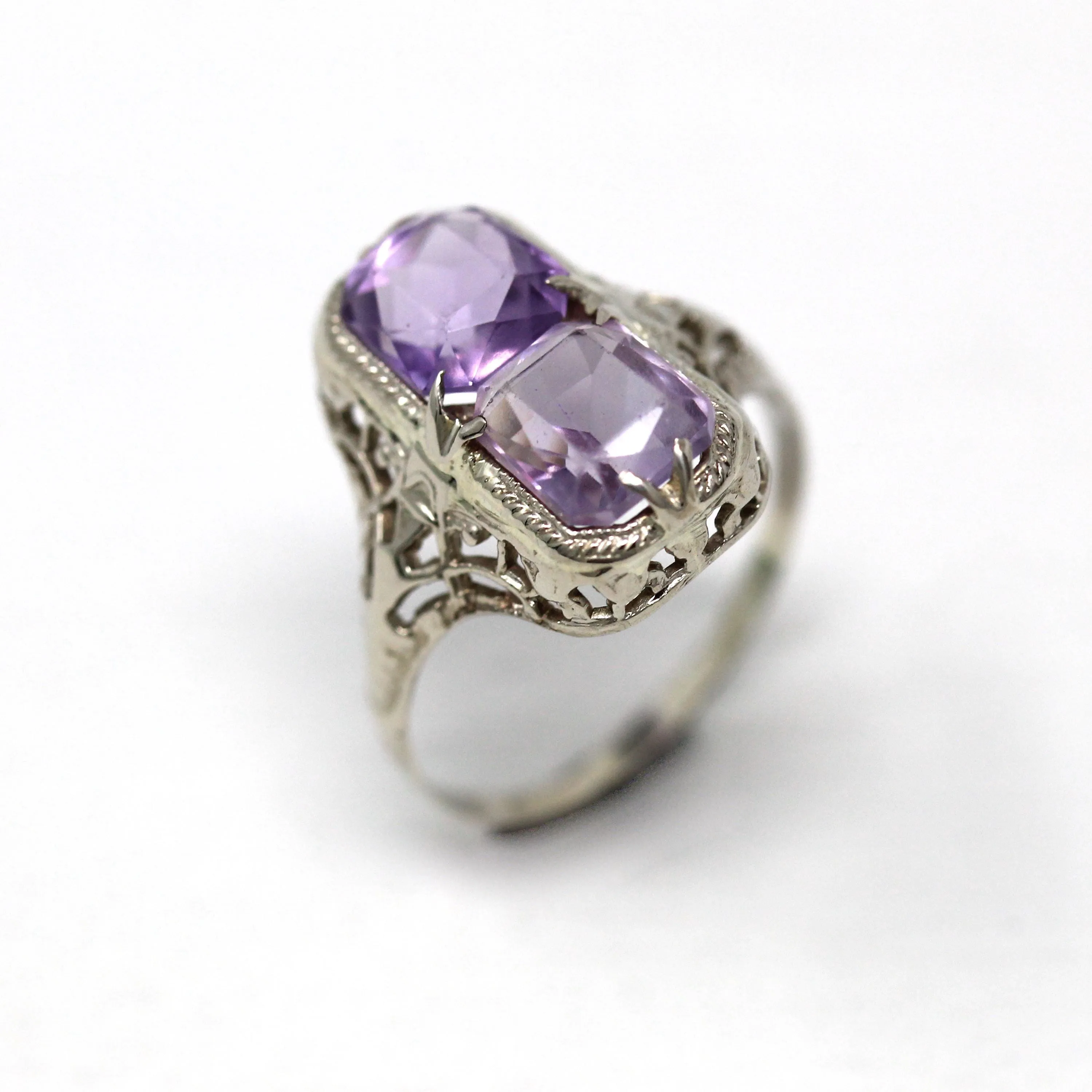 Two Stone Ring - Art Deco 10k White Gold Filigree Emerald Cut Amethyst - Vintage Circa 1930s Era Size 7 1/4 Fine Toi Et Moi Jewelry