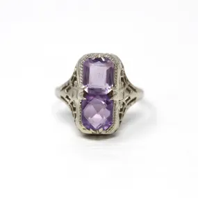 Two Stone Ring - Art Deco 10k White Gold Filigree Emerald Cut Amethyst - Vintage Circa 1930s Era Size 7 1/4 Fine Toi Et Moi Jewelry