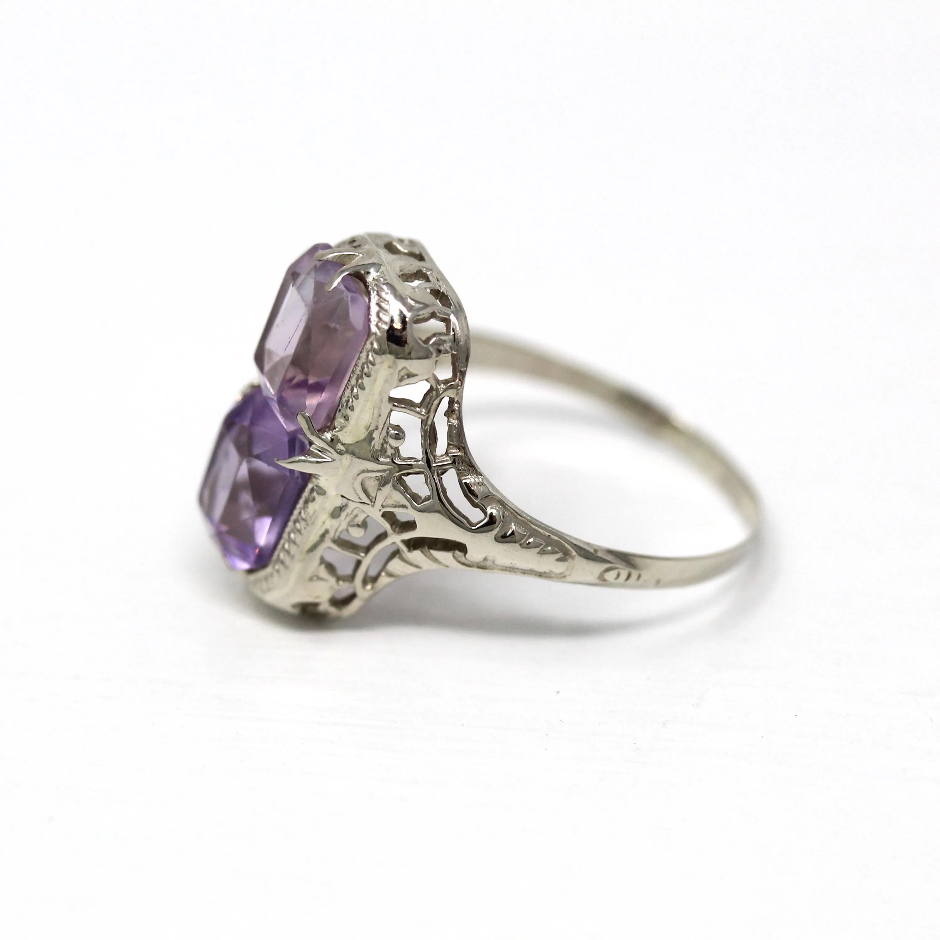 Two Stone Ring - Art Deco 10k White Gold Filigree Emerald Cut Amethyst - Vintage Circa 1930s Era Size 7 1/4 Fine Toi Et Moi Jewelry