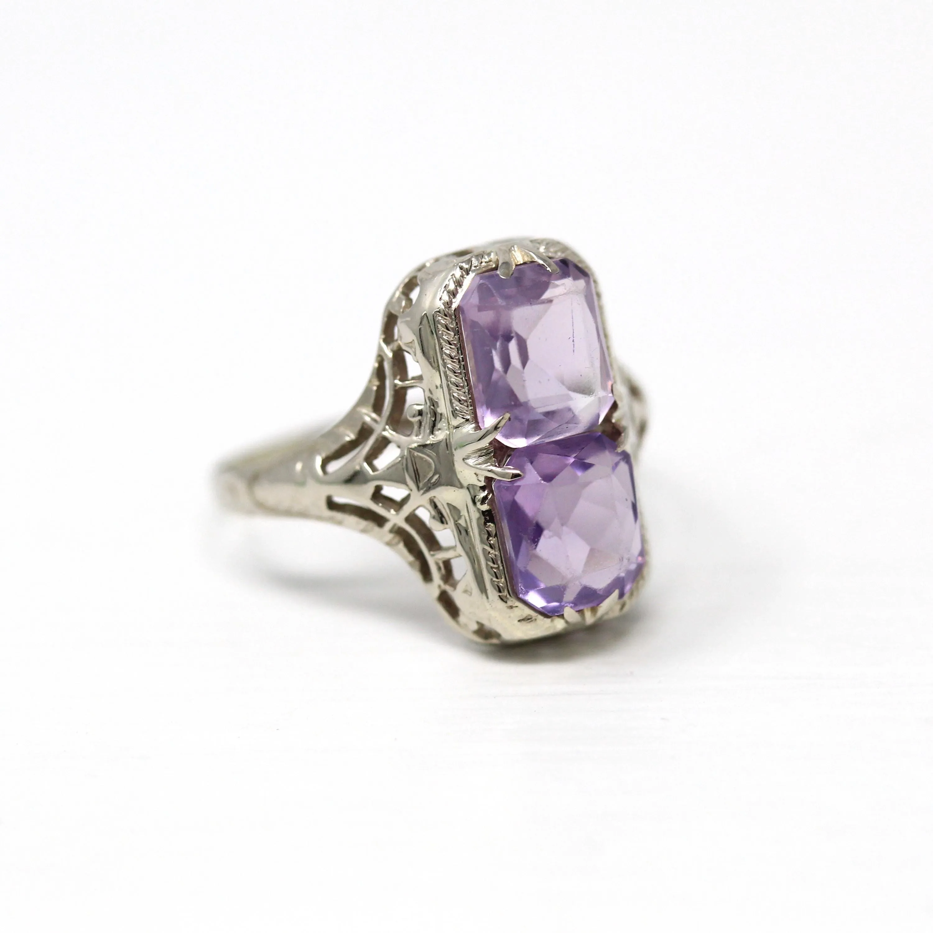 Two Stone Ring - Art Deco 10k White Gold Filigree Emerald Cut Amethyst - Vintage Circa 1930s Era Size 7 1/4 Fine Toi Et Moi Jewelry