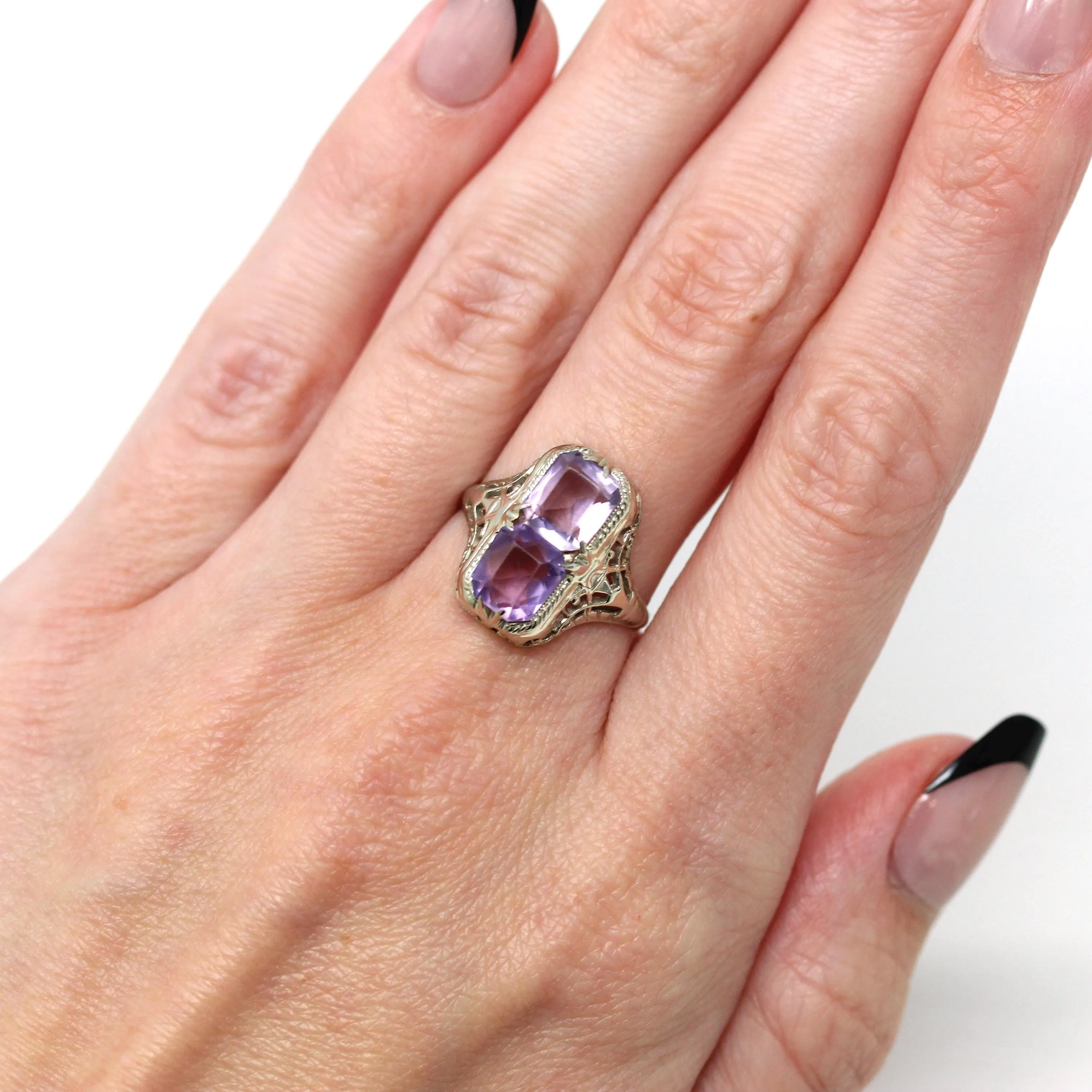 Two Stone Ring - Art Deco 10k White Gold Filigree Emerald Cut Amethyst - Vintage Circa 1930s Era Size 7 1/4 Fine Toi Et Moi Jewelry